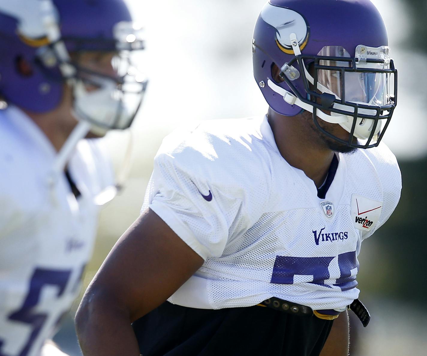 Minnesota Vikings linebackers Chad Greenway (52) and Anthony Barr (55) during the afternoon practice. ] CARLOS GONZALEZ cgonzalez@startribune.com - July 31, 2015, Mankato, MN, NFL, Minnesota Vikings Training Camp, Minnesota State University, Mankato,