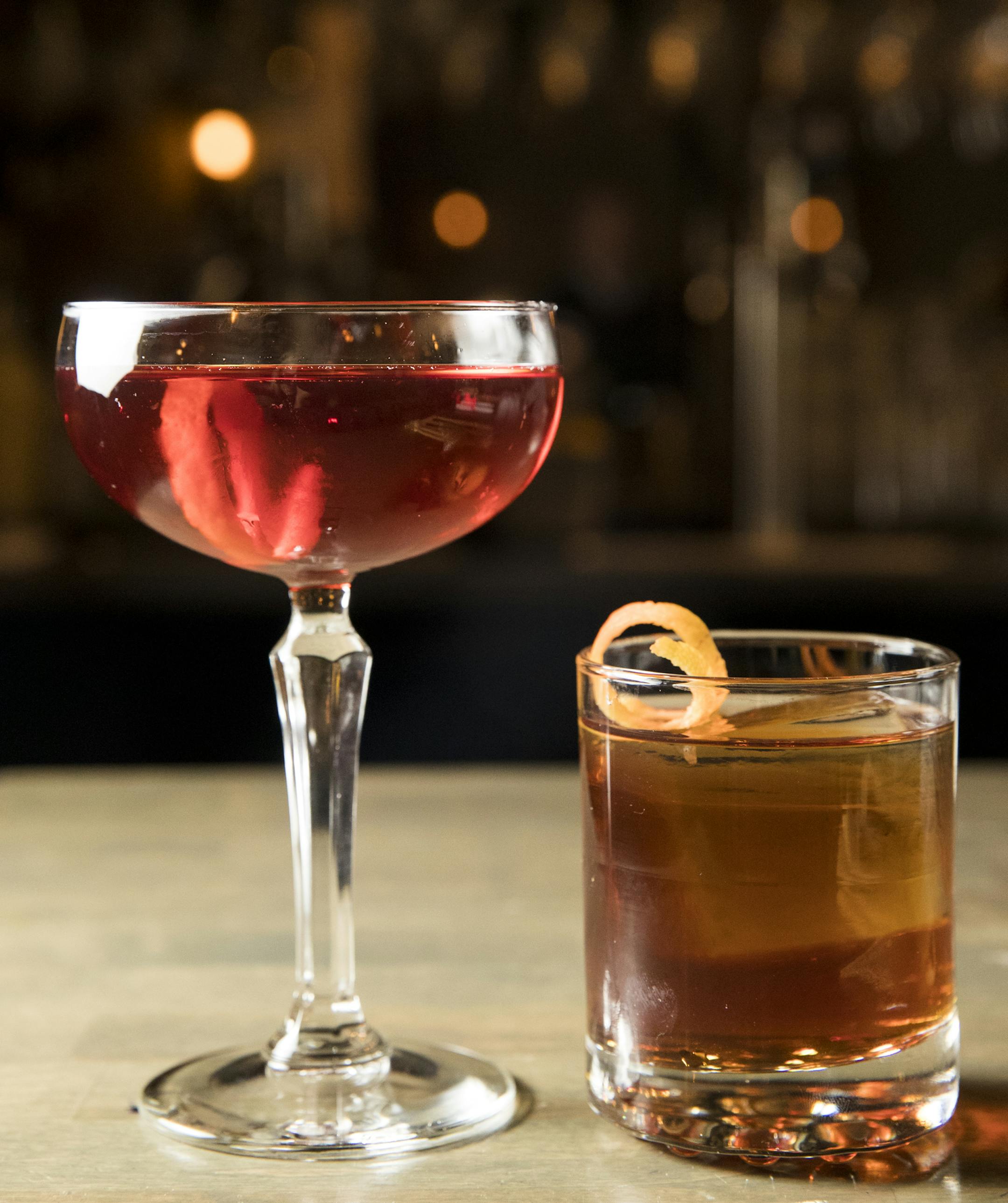 Sylvia and Madox Ford cocktails Bar Brigade photographed on November 2, 2017, in St. Paul, Minn. The Sylvia is Bourbon, campari and sweet vermouth. The Madox Ford is rye whiskey, cognac, sweet vermouth and benedictine. ] RENEE JONES SCHNEIDER • renee.jones@startribune.com