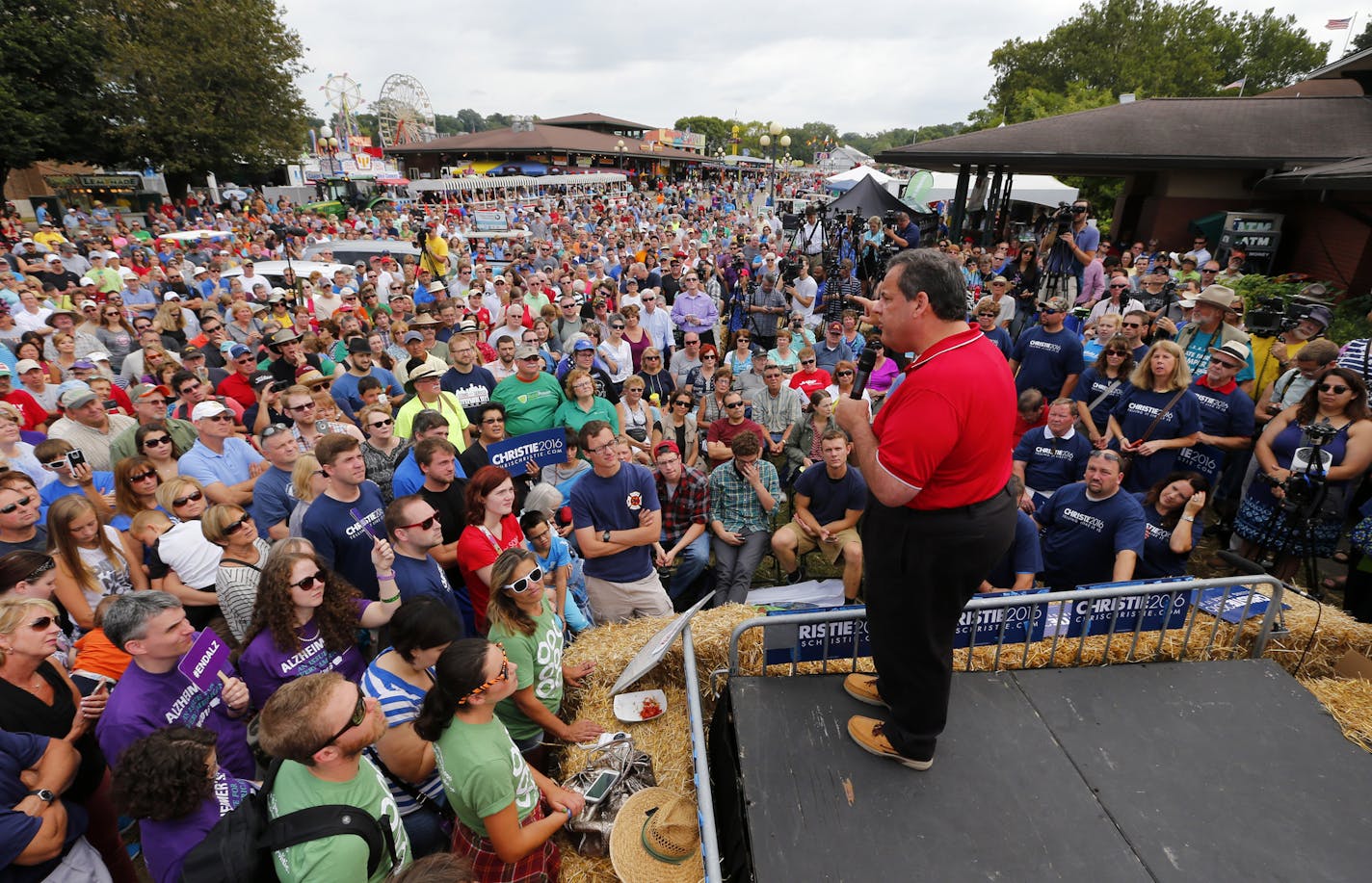 Republican presidential candidate, New Jersey Gov. Chris Christie speaks at the Iowa State Fair, Saturday, Aug. 22, 2015, in Des Moines, Iowa. (AP Photo/Paul Sancya)