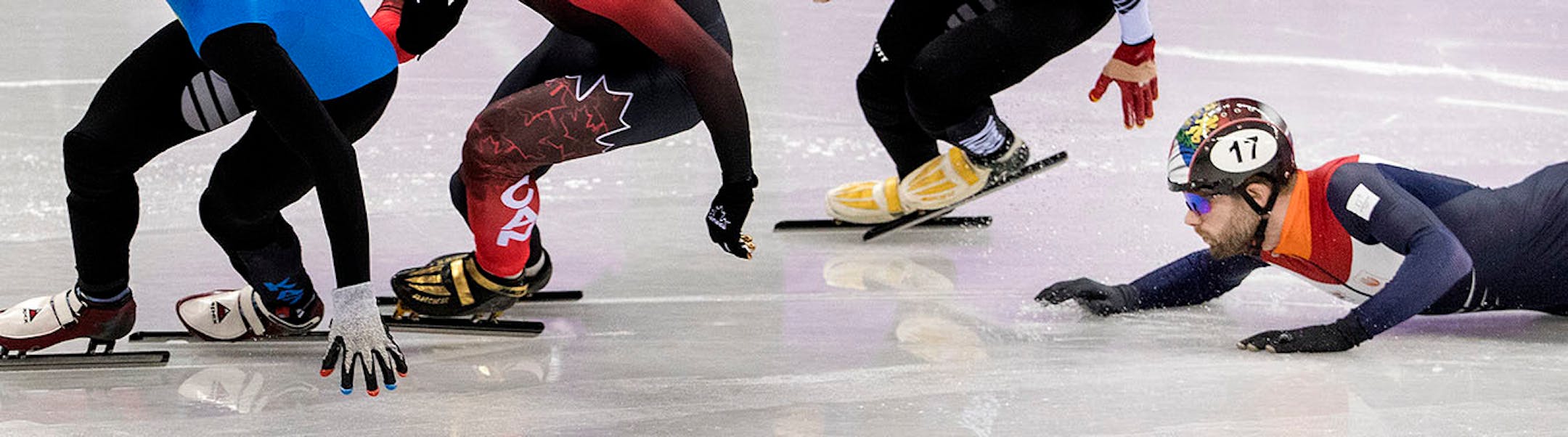 Daan Breeuwsma of the Netherlands falls during a 500m short track heat Tuesday, Feb. 20, 2018 during the Pyeongchang Winter Olympics in Pyeongchang, South Korea.