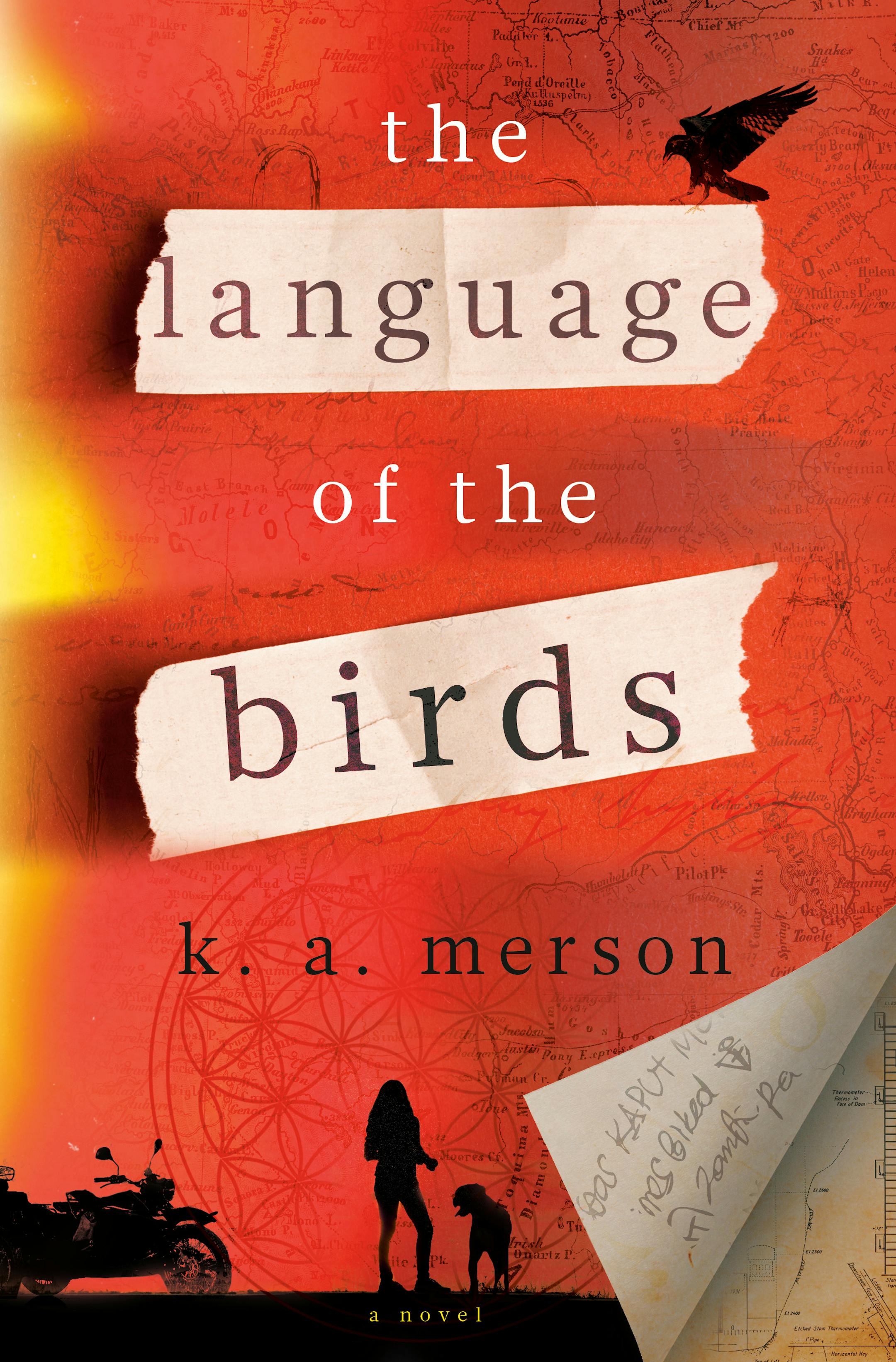 orange cover of The Language of the Birds features silhouettes of a motorcycle, a woman, a dog and a bird