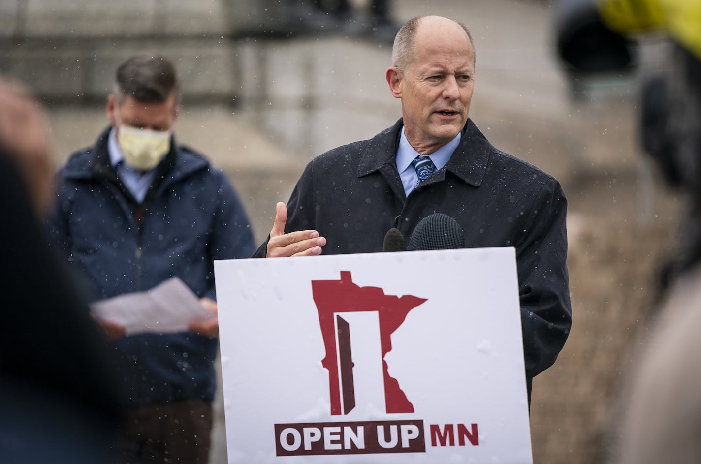 Senate Majority Leader Paul Gazelka (R-Nisswa) spoke during the press conference about the GOP's "Contract to Open Up Minnesota," outside the State Capitol in St. Paul on Monday.