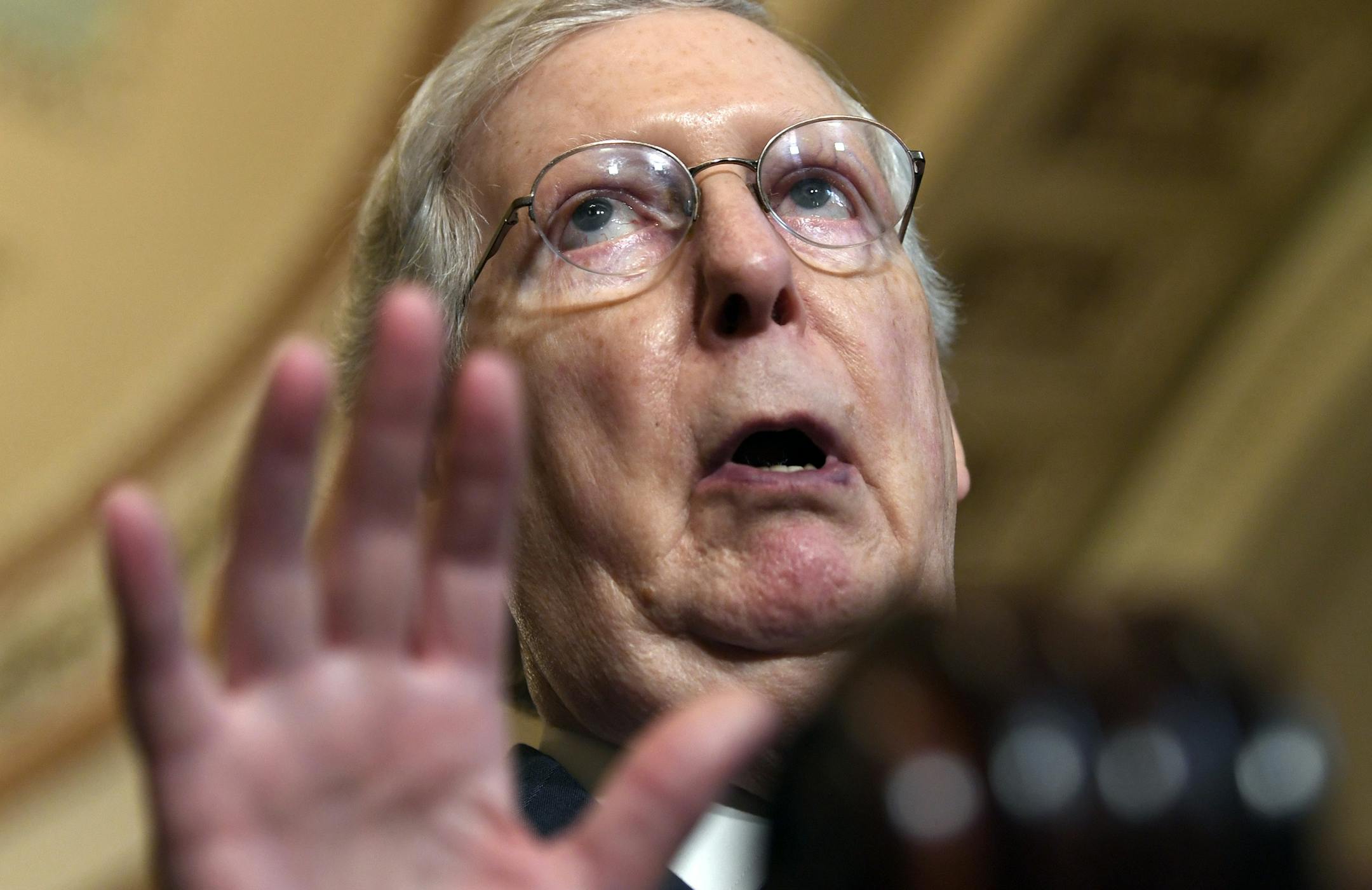 Senate Majority Leader Mitch McConnell of Ky., speaks to reporters following the weekly policy lunches on Capitol Hill in Washington, Tuesday, July 23, 2019. (AP Photo/Susan Walsh)