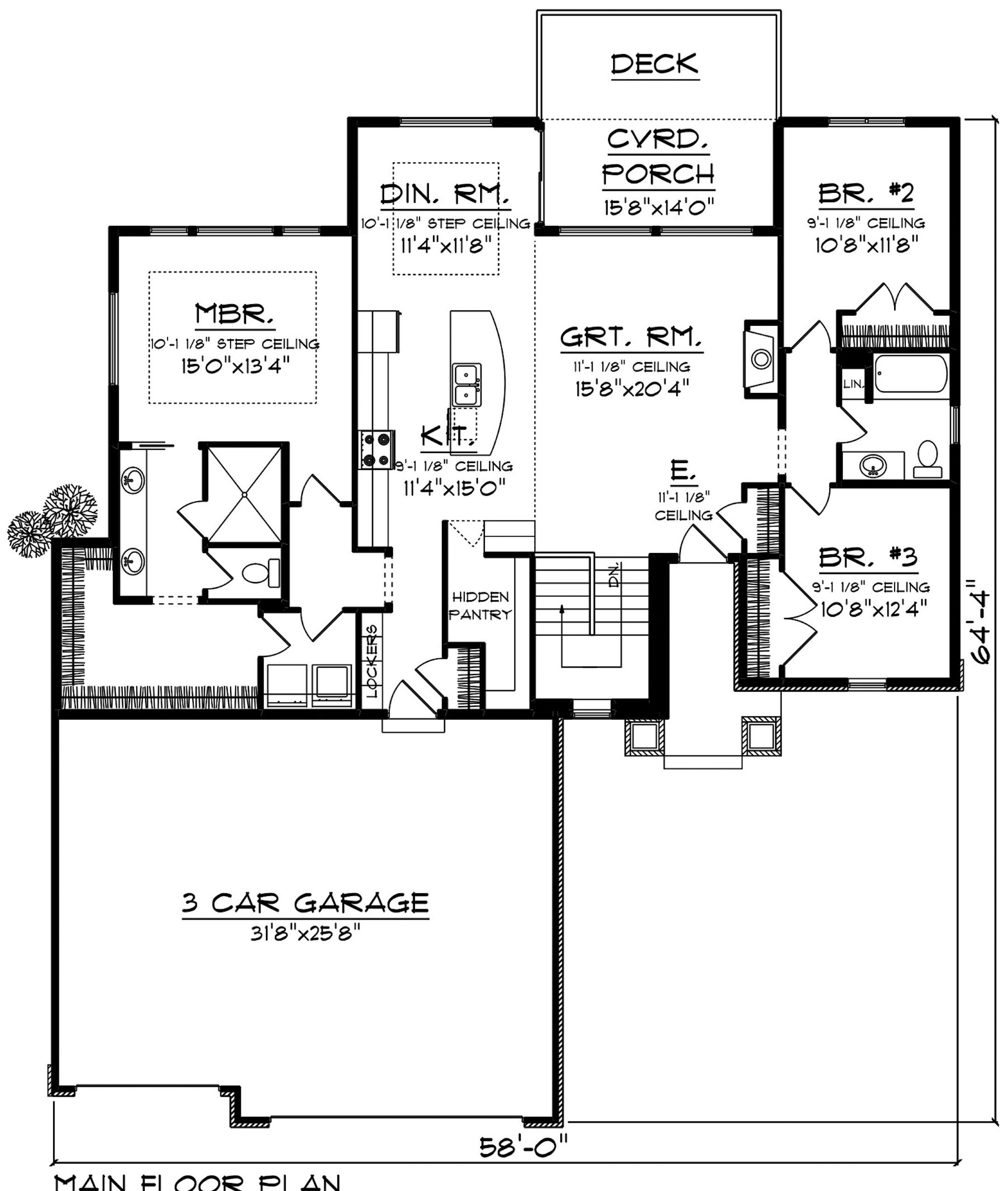 Home plan has three bedrooms and two baths.