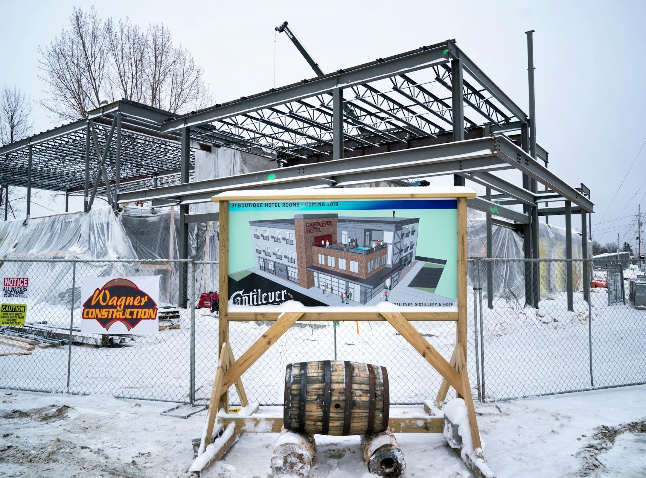 The Cantilever Distillery and Hotel is under construction in Ranier, Minnesota. Named for the cantilever bridge a block away where freight trains cross regularly to and from Canada. The bridge was a notorious bootlegging conduit during prohibition.