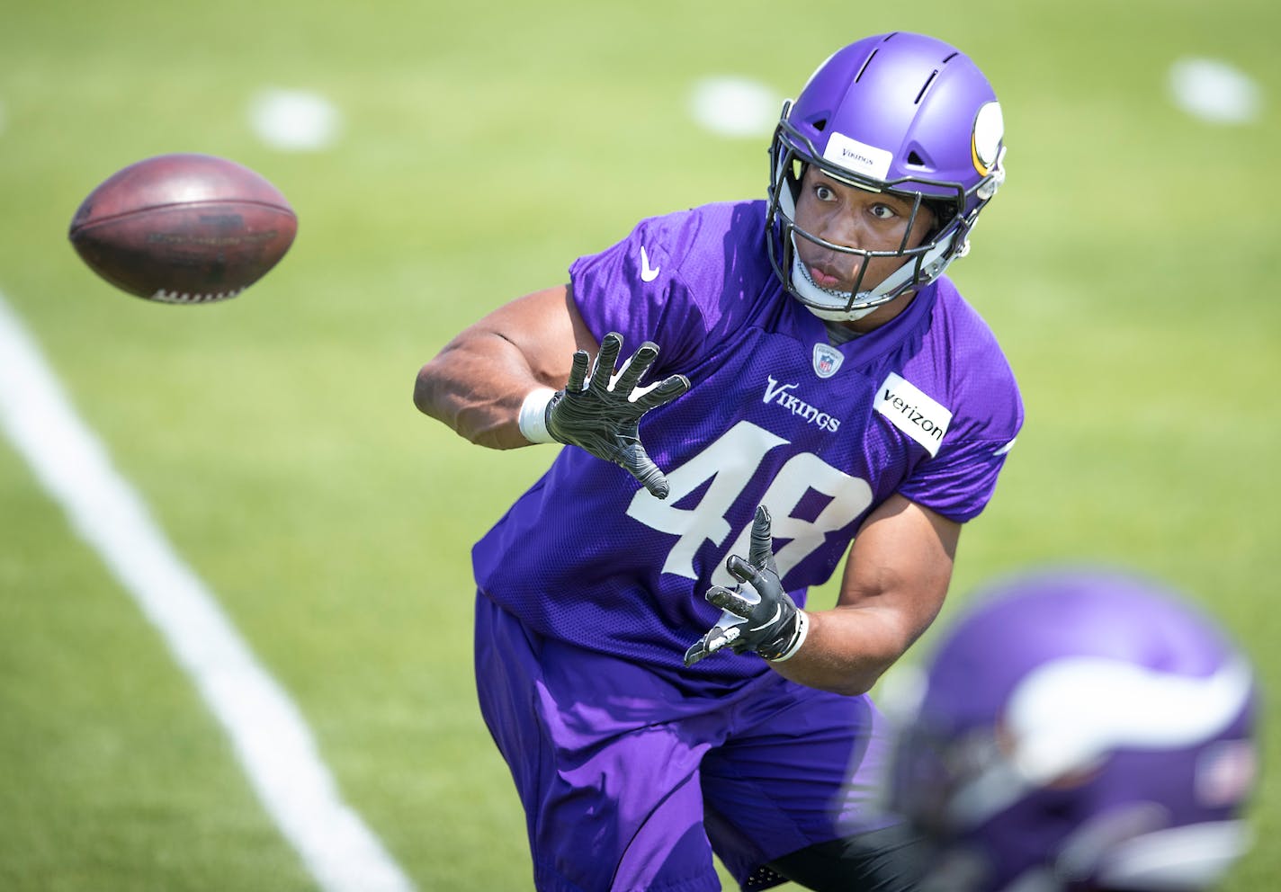 Khari Blasingame, a former Vanderbilt player trying to make the Vikings as a fullback after playing defense in college, has been plugged into many situations early in training camp.