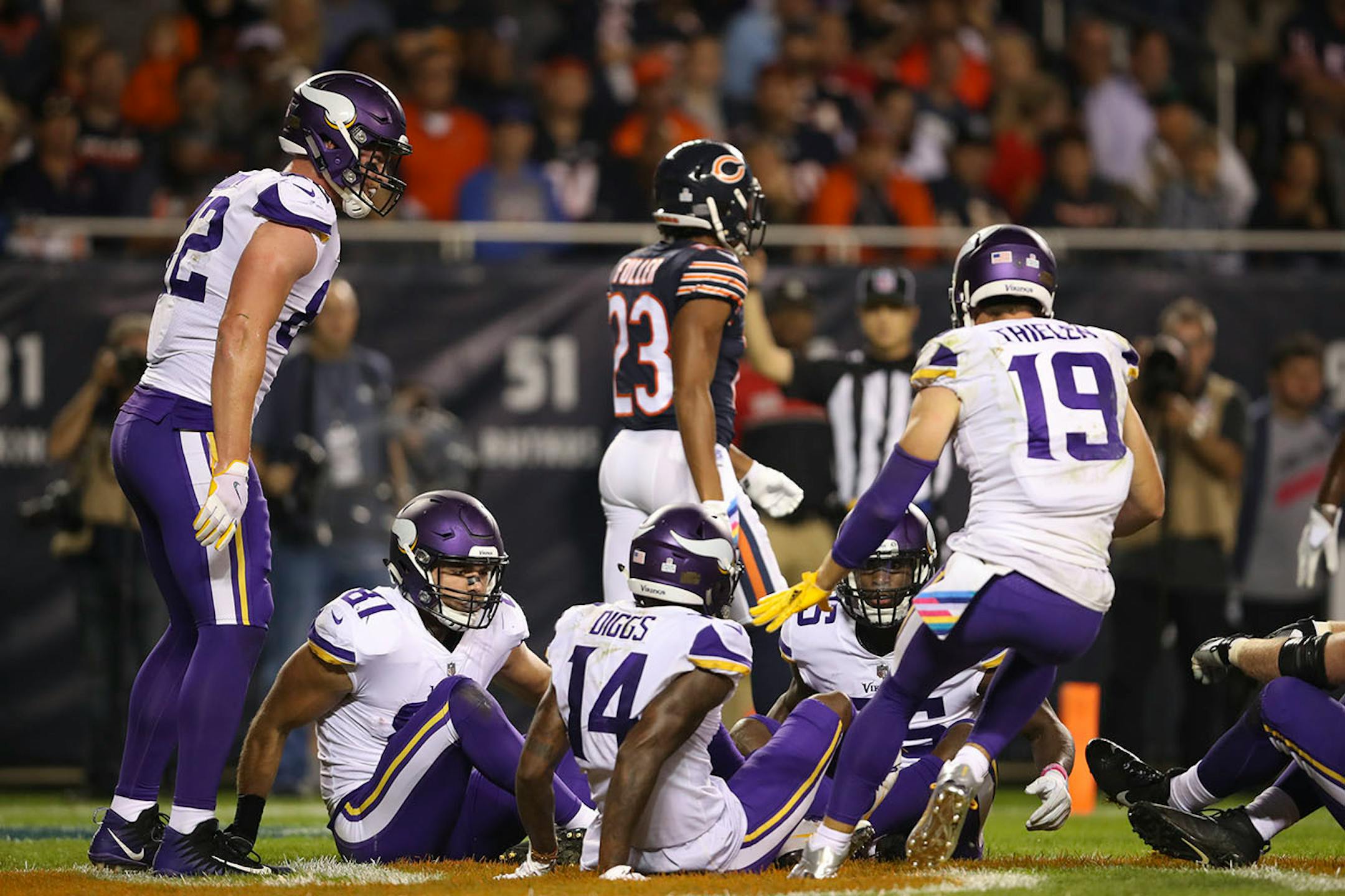 Minnesota Vikings tight end Kyle Rudolph (82) celebrated his 13 yard touchdown reception in the third quarter with a quick game of Duck, Duck, Grey Duck in the end zone. ] JEFF WHEELER ï jeff.wheeler@startribune.com The Minnesota Vikings beat the Chicago Bears 20-17 in an NFL Monday Night Football game on October 9, 2017 at Soldier Field in Chicago.
