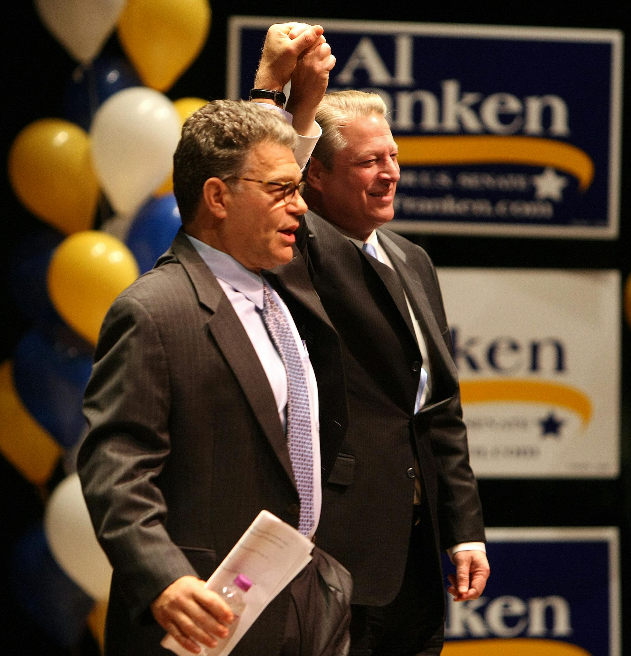 TOM WALLACE � twallace@startribune.comAssign#00005148A slug: franken1005 October 4, 2008Vice President Al Gore joined U.S. Senate candidate Al Franken and Amy Klobuchar for the DFL Founders Day at Northrup Auditorium Saturday, October 4th. Gore will unite with Franken in the call for change, and Franken will discuss the need to restore the promise of America's middle class and create jobs here in Minnesota by investing in renewable and alternative energy sources.