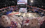 Balloons wait to be hoisted into the rafters of the Quicken Loans Arena in Cleveland, Thursday, July 14, 2016, as work continues in preparation for th