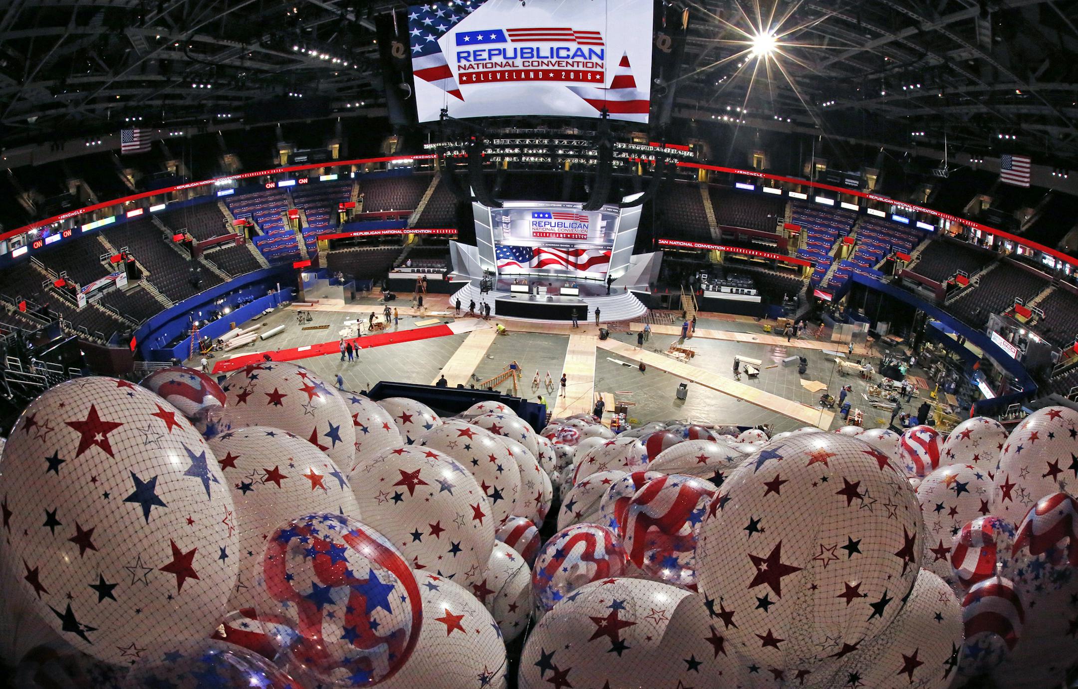 Balloons wait to be hoisted into the rafters of the Quicken Loans Arena in Cleveland, Thursday, July 14, 2016, as work continues in preparation for the upcoming Republican National Convention in downtown Cleveland, Ohio. (AP Photo/Gene J. Puskar) ORG XMIT: MIN2016071416461030