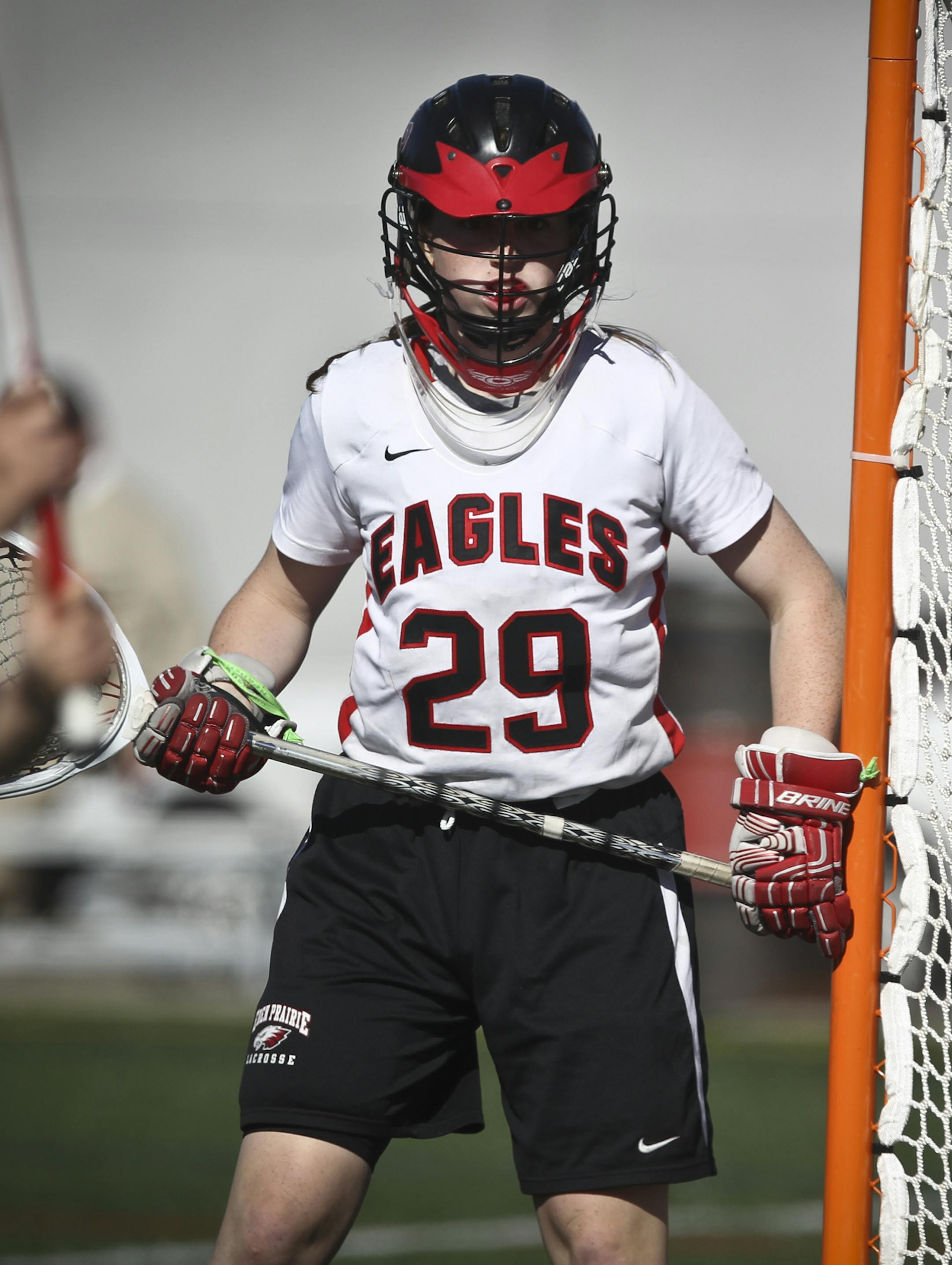 Goalie McKenzie Johnson during a girls lacrosse game between Eden Prairie and The Blake School at Eden Prairie High School in Eden Prairie, Minn., on Thursday, May 23, 2013. ] (RENEE JONES SCHNEIDER * reneejones@startribune.com)