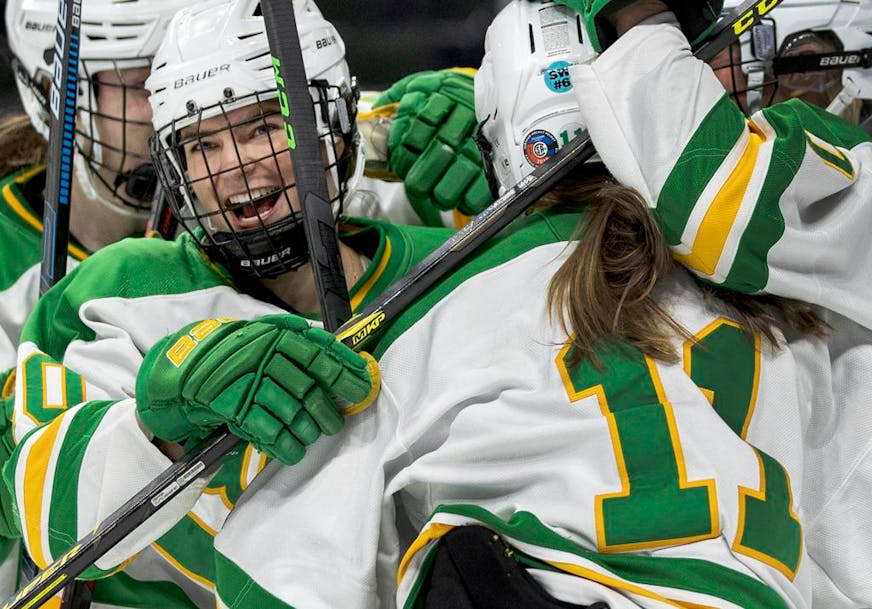 Hannah Halverson (10) of Edina celebrates with teammates after scoring a goal in the first period Thursday, February 24, at Xcel Energy Center in St. Paul, Minn. Class 2A girls' hockey state tournament Edina vs. Northfield. ] CARLOS GONZALEZ • cgonzalez@startribune.com