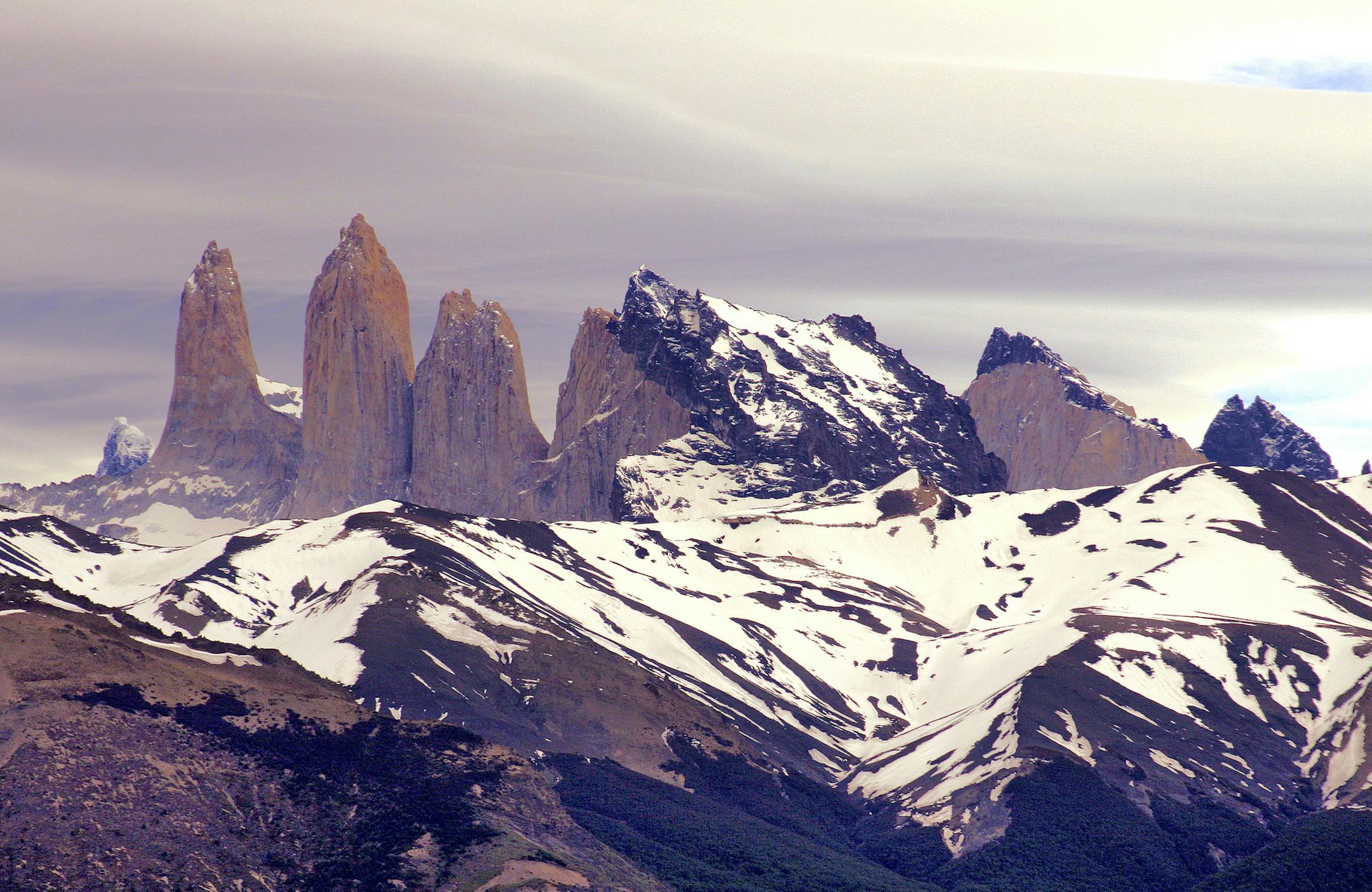 Granite spires dominate the skyline in Torres del Paine National Park; the structures, known as the Towers, or torres, give the park its name.