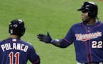 The Twins&#x2019; Miguel Sano, right, high-fived teammate Jorge Polanco after scoring on a sacrifice fly hit by Eduardo Escobar in the fifth inning ag