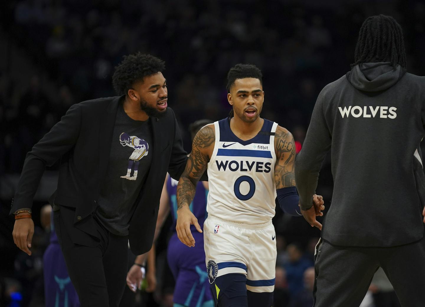 Karl-Anthony Towns had encouraging words for Minnesota Timberwolves guard D'Angelo Russell (0) during a recent game.