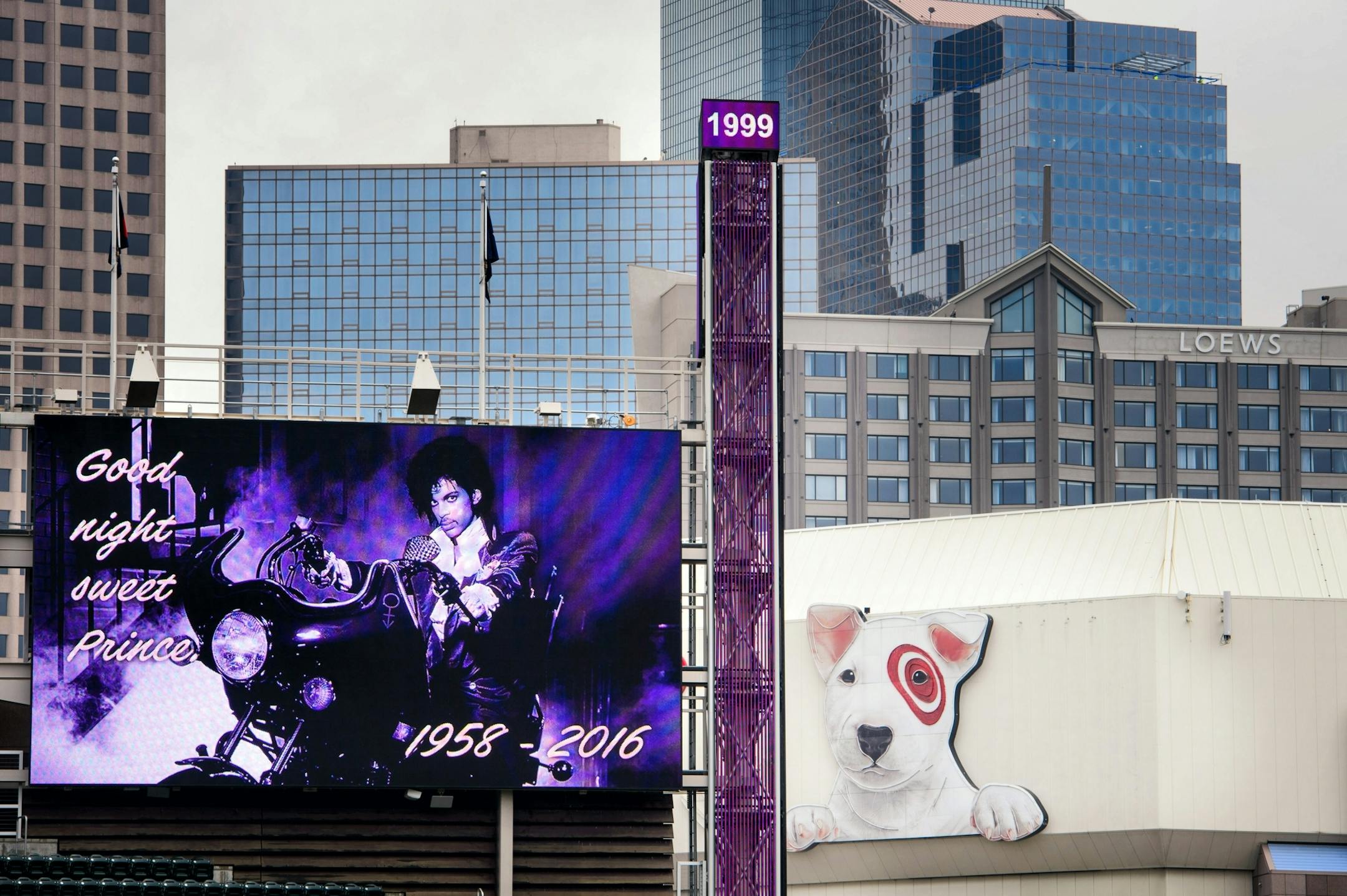 "Goodnight Sweet Prince" read the display screens in Target Field following the announcement of Prince's death. Target Center with Target mascot Bullseye is in the background.