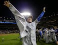Kansas City Royals catcher Salvador Perez celebrates after being named the MVP after Game 5 of the Major League Baseball World Series against the New 