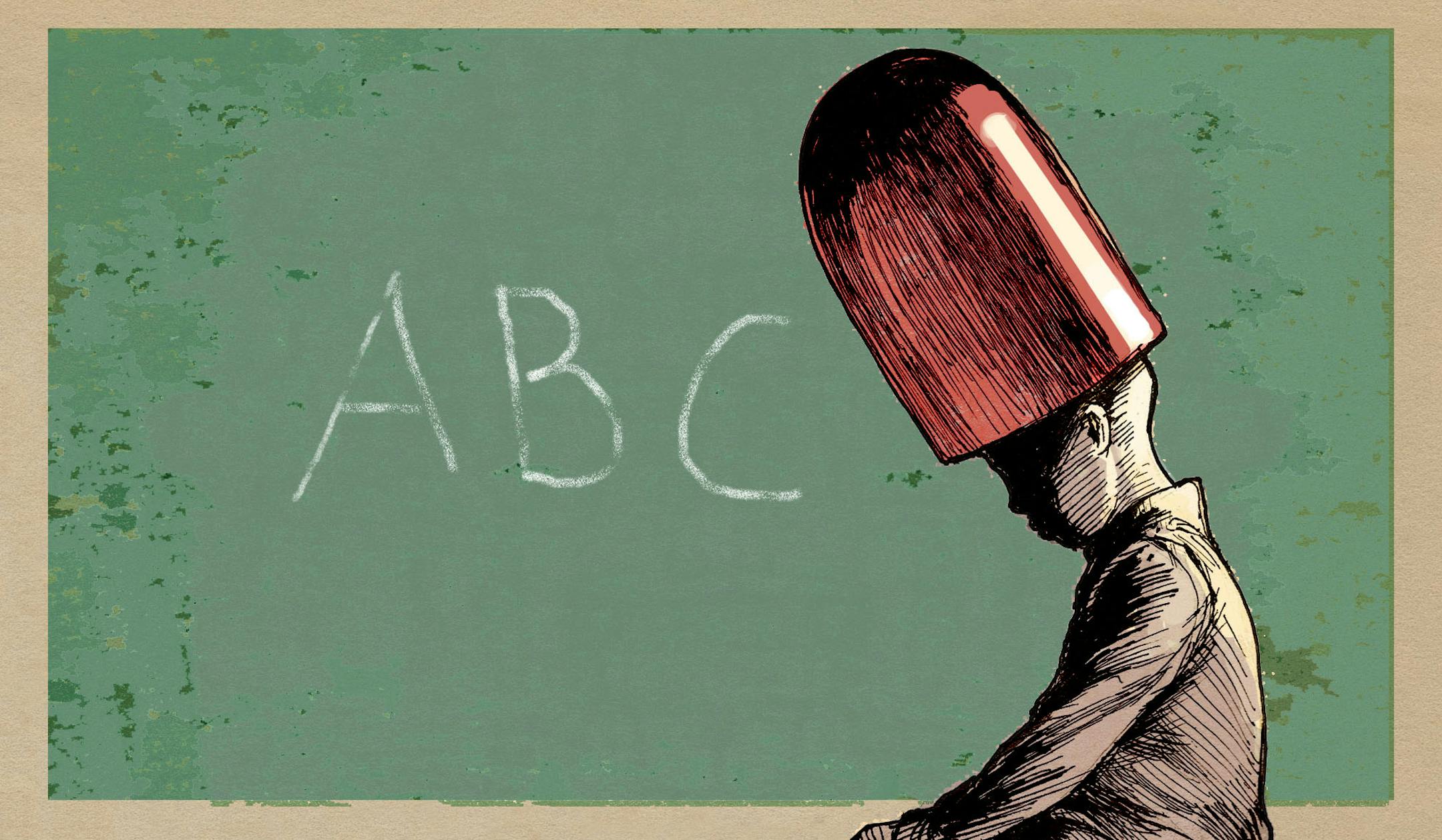 Paul Tong illustration relations to how children who have difficulty focusing in school are treated with attention deficit medication as a solution whether they need it or not.