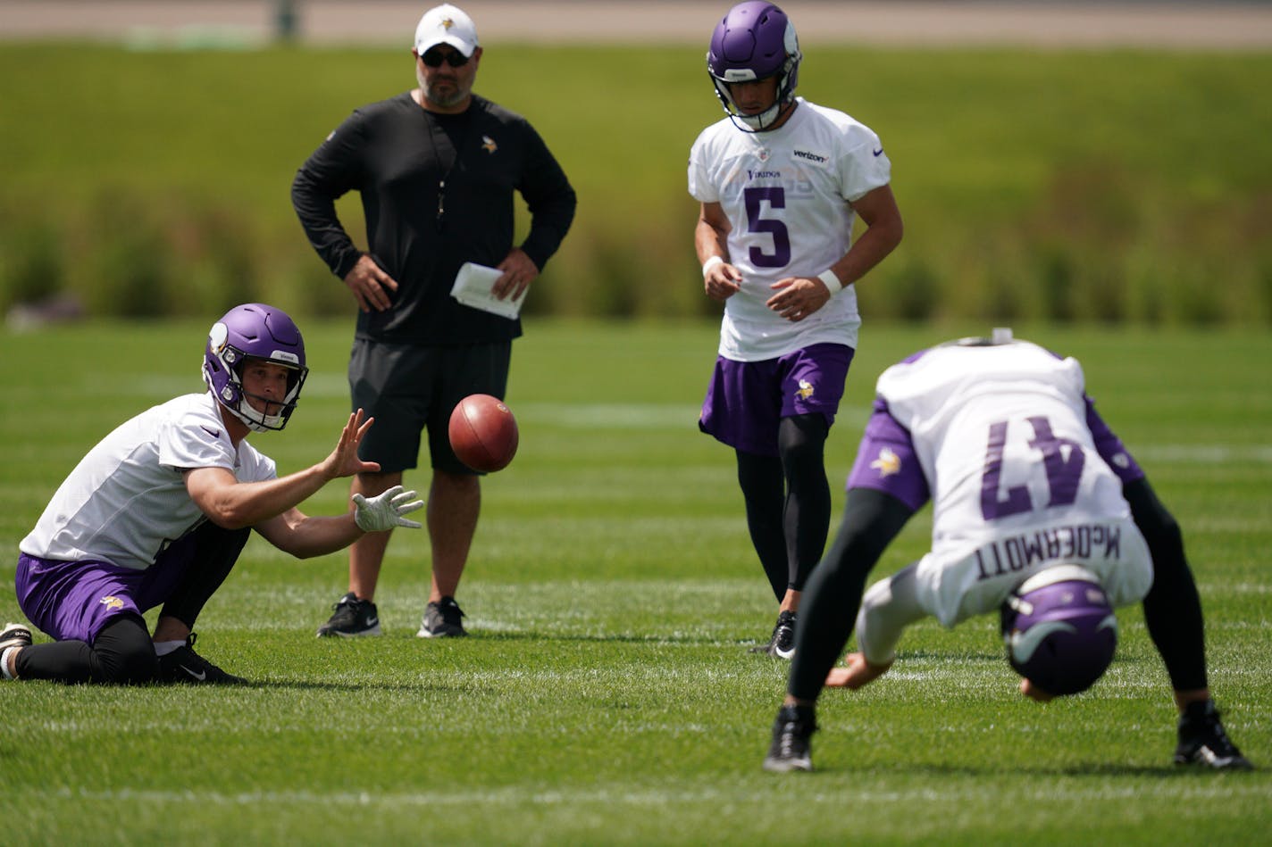 Minnesota Vikings punter Matt Wile (6), kicker Dan Bailey (5), and long snapper Kevin McDermott (47) worked out together during training camp Friday. ] ANTHONY SOUFFLE &#x2022; anthony.souffle@startribune.com Minnesota Vikings players and coaches took part in training camp Saturday, July 27, 2019 at the TCO Performance Center in Eagan, Minn.