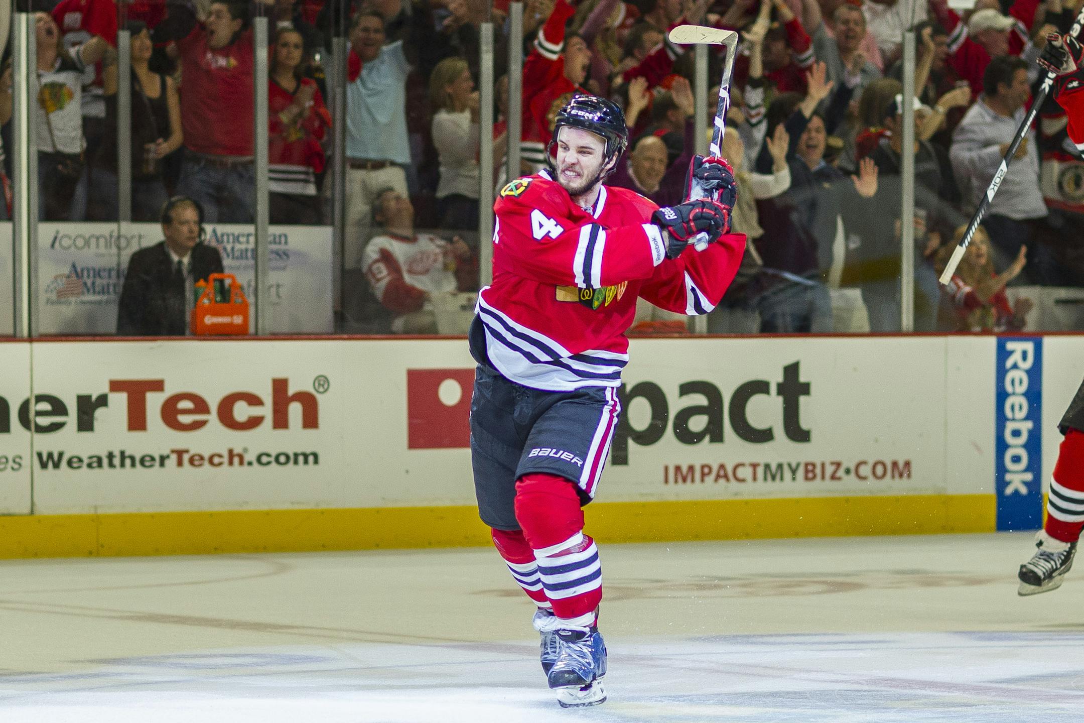 May 29, 2013 - Chicago, IL, United States of America - May 29, 2013: Chicago, IL. Blackhawks Niklas Hjalmarsson #4 expresses anger after learning his goal was called back during the NHL Western Conference Semifinal game between the Chicago Blackhawks and the Detroit Red Wings at the United Center in Chicago, IL. (Cal Sport Media via AP Images) ORG XMIT: CSMAP