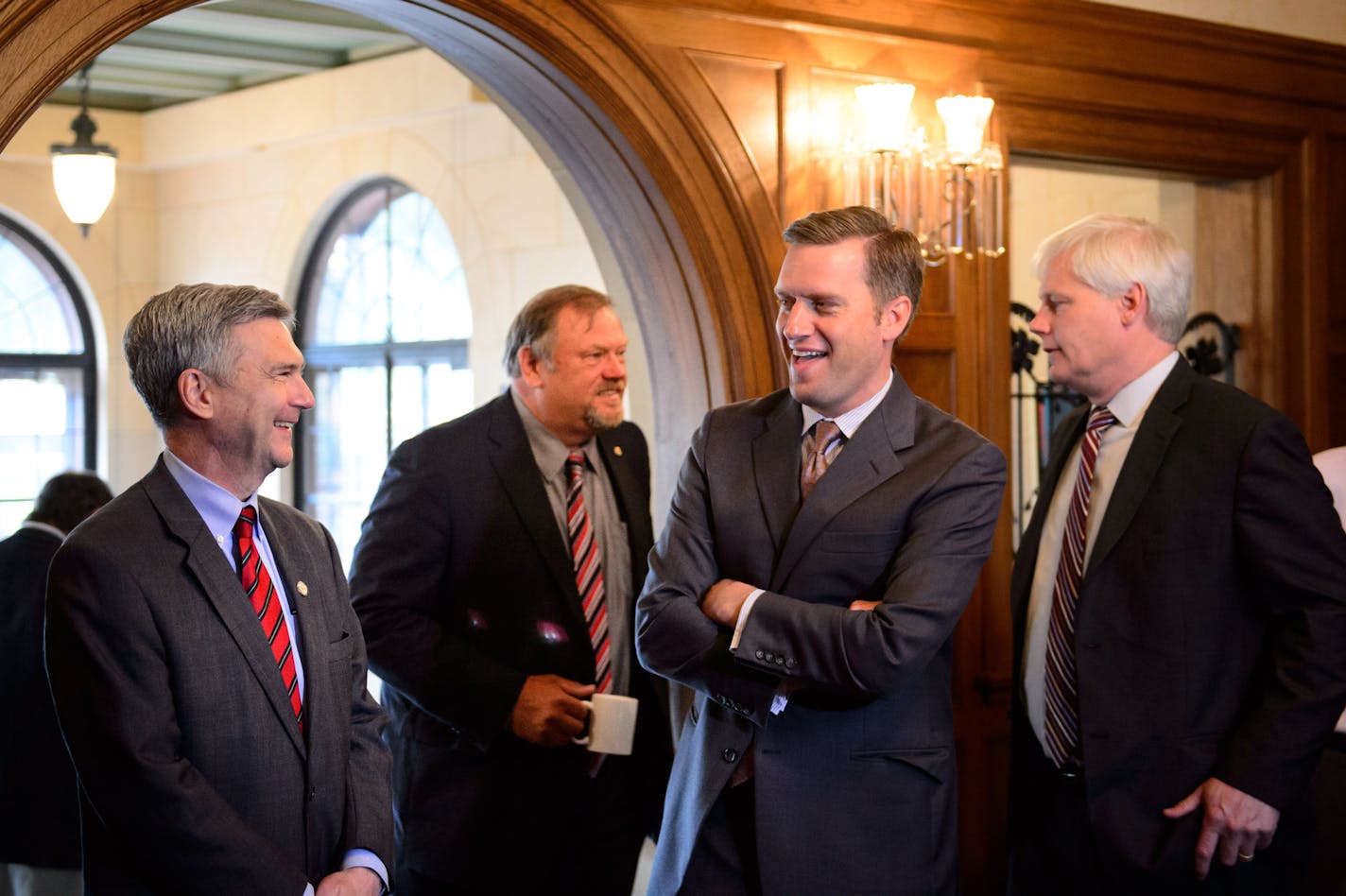 Senate Minority Leader David Hann, Majority Leader Tom Bakk, House Speaker Kurt Daudt and House Minority Leader Paul Thissen talked before the press conference. ] GLEN STUBBE * gstubbe@startribune.com Thursday, June 11, 2015 Governor Mark Dayton met privately with all four legislative caucus leaders at the Governor's Residence Thursday morning in hopes of nailing down a final agreement before the state draws any closer to a government shutdown and held a news conference after the meeting.