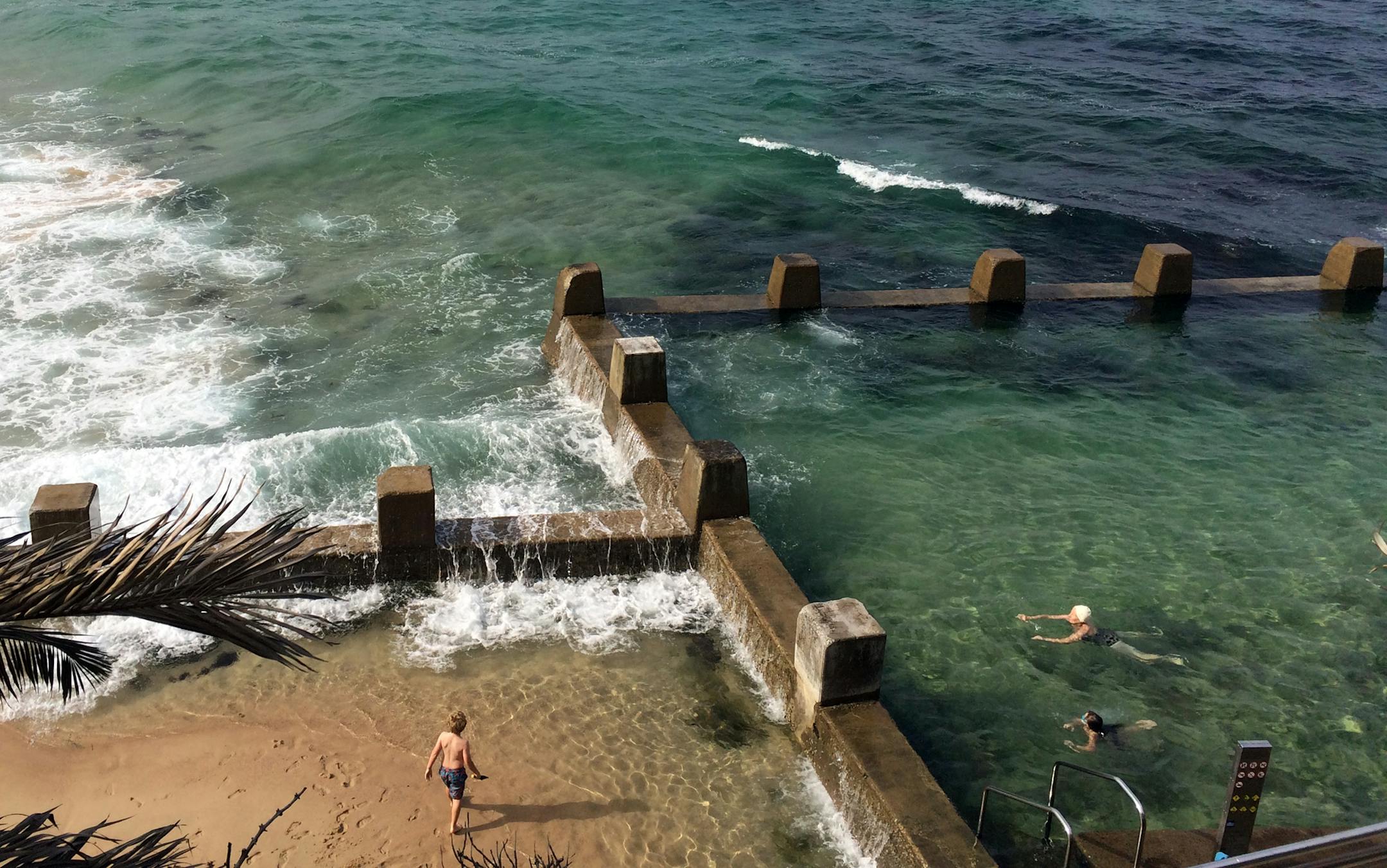 Two rock pools off the south side of Coogee Beach are popular with younger, newer swimmers because of the shelter they provide from waves.