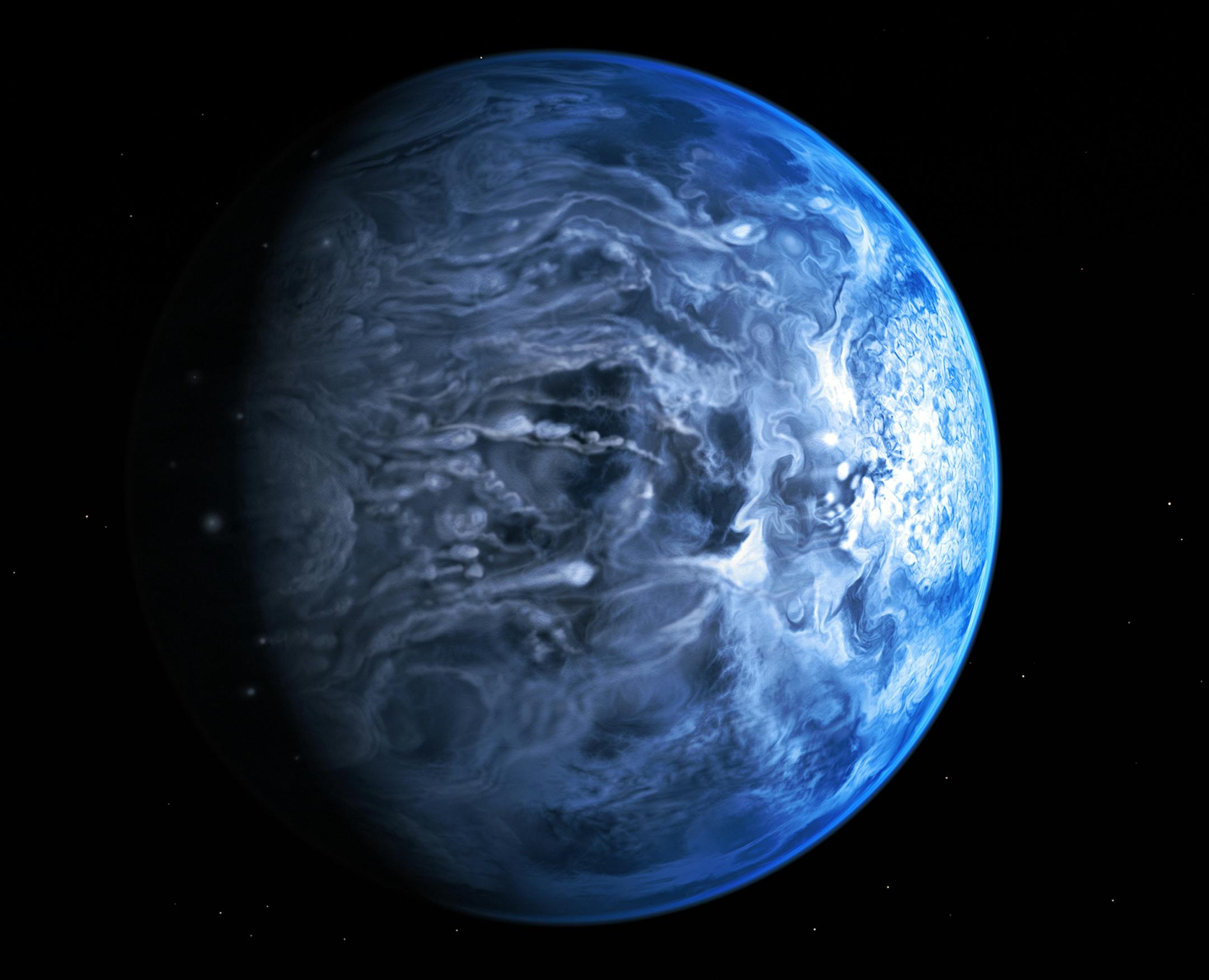 In this undated illustration provided by the European Space Agency (ESA), an artists impression of one of Earth's nearest planets outside the solar system named HD 189733B. Astronomers said Friday, July 12, 2013 that for the first time they had gained an understanding of HD 189733B, which is around 63 light years away by discovering the huge gas giantís blue color. To ascertain the planetís color the astronomers measured the amount of light reflected of its surface as it eclipsed its h