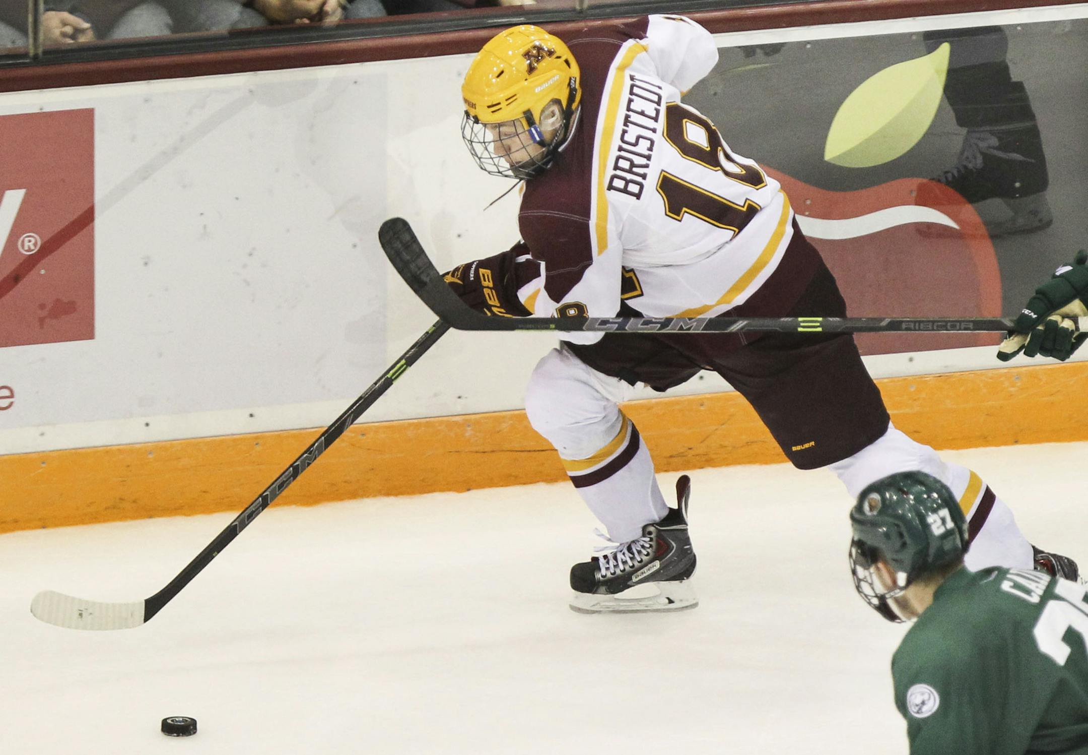 The University of Minnesota Gopher's left wing Leon Bristedt (18) sprints up the ice during the Gopher's 5-2 win over Bemidji State at Mariucci Arena on the University of Minnesota campus Friday, Oct. 24, 2014, in Minneapolis, MN.](DAVID JOLES/STARTRIBUNE)djoles@startribune.com Gophers 5-2 win over Bemidji State at Mariucci Arena on the University of Minnesota campus Friday, Oct. 24, 2014, in Minneapolis, MN.