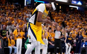 Pacers center Myles Turner reacts at the end of Game 3 of the NBA Eastern Conference finals against the Celtics on Saturday night in Indianapolis.