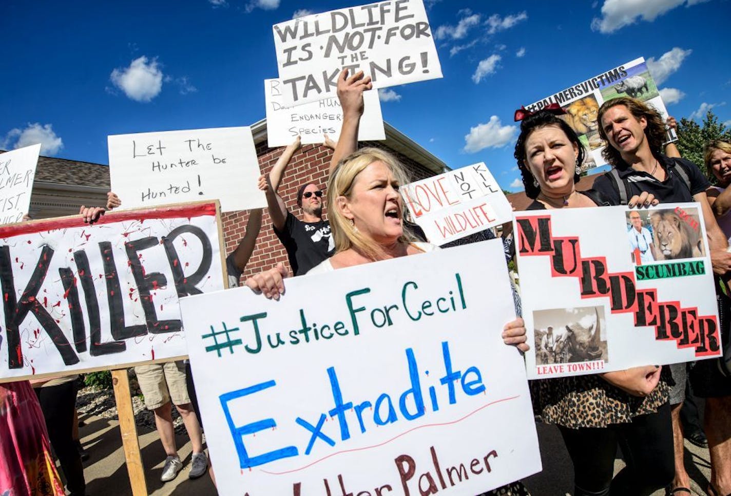 Kristen Hall led the group of protesters from Animal Rights Coalition and Minnesota Animal Liberation in chants in front of Dr. Walter Palmer's dental practice in Bloomington on Wednesday.