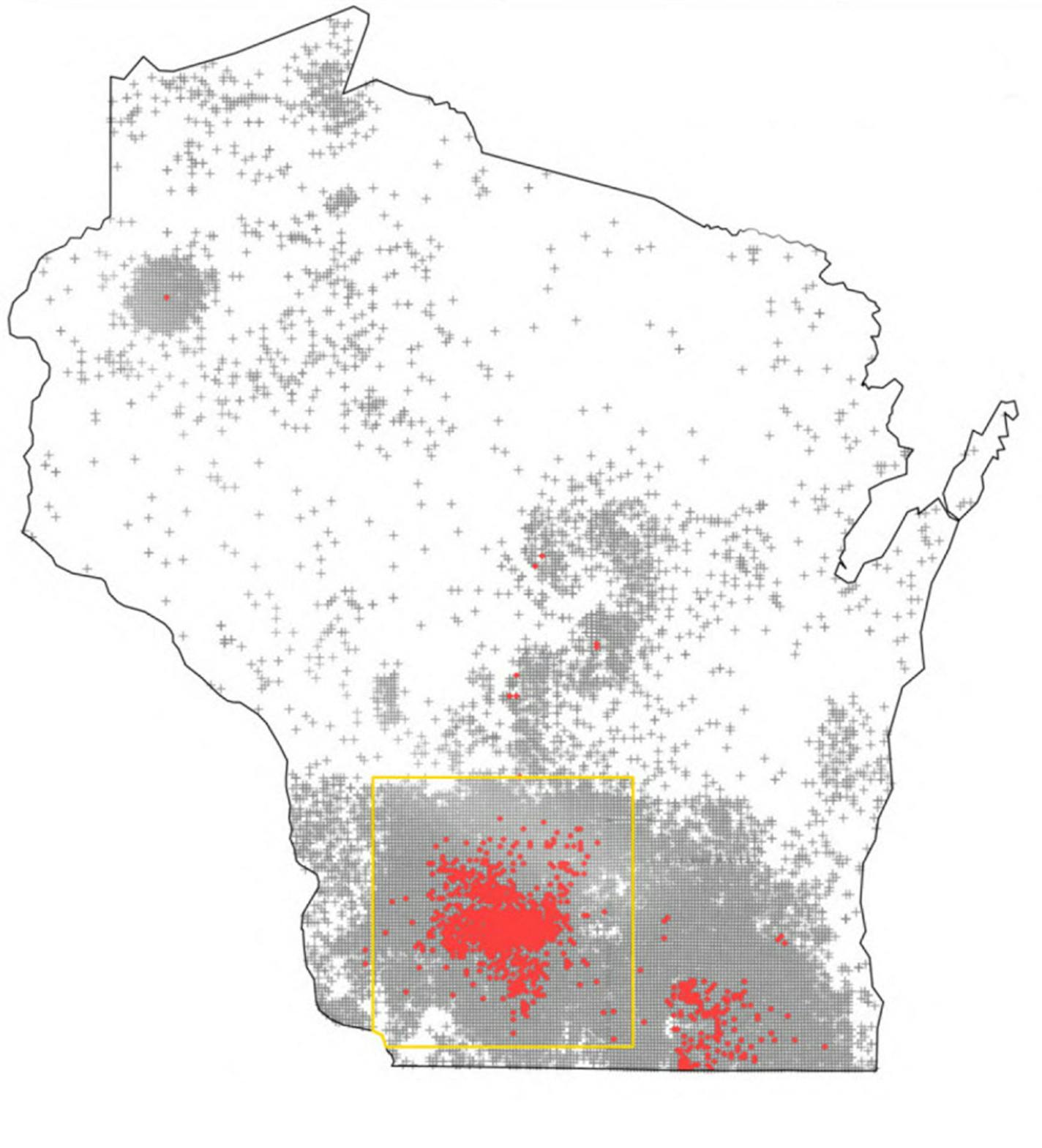 Red dots show the location of nearly 2,600 white-tailed deer that tested positive for chronic wasting disease from 2002-2014 in Wisconsin. Minnesota deer managers fear that without intensive management of southeast Minnesota whitetails, similar outbreaks will happen here. ORG XMIT: MIN1708150941432897