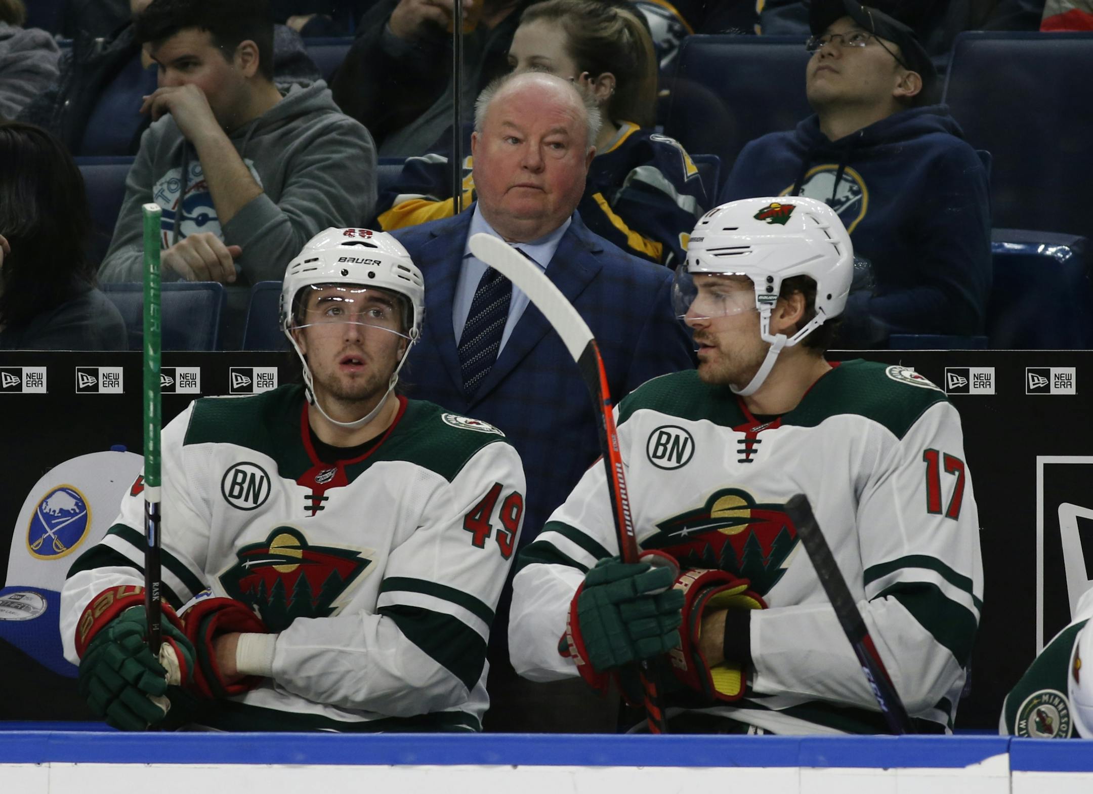 Minnesota Wild head coach Bruce Boudreau looks on during the third period of an NHL hockey game against the Buffalo Sabres, Tuesday, Feb. 5, 2019, in Buffalo N.Y.