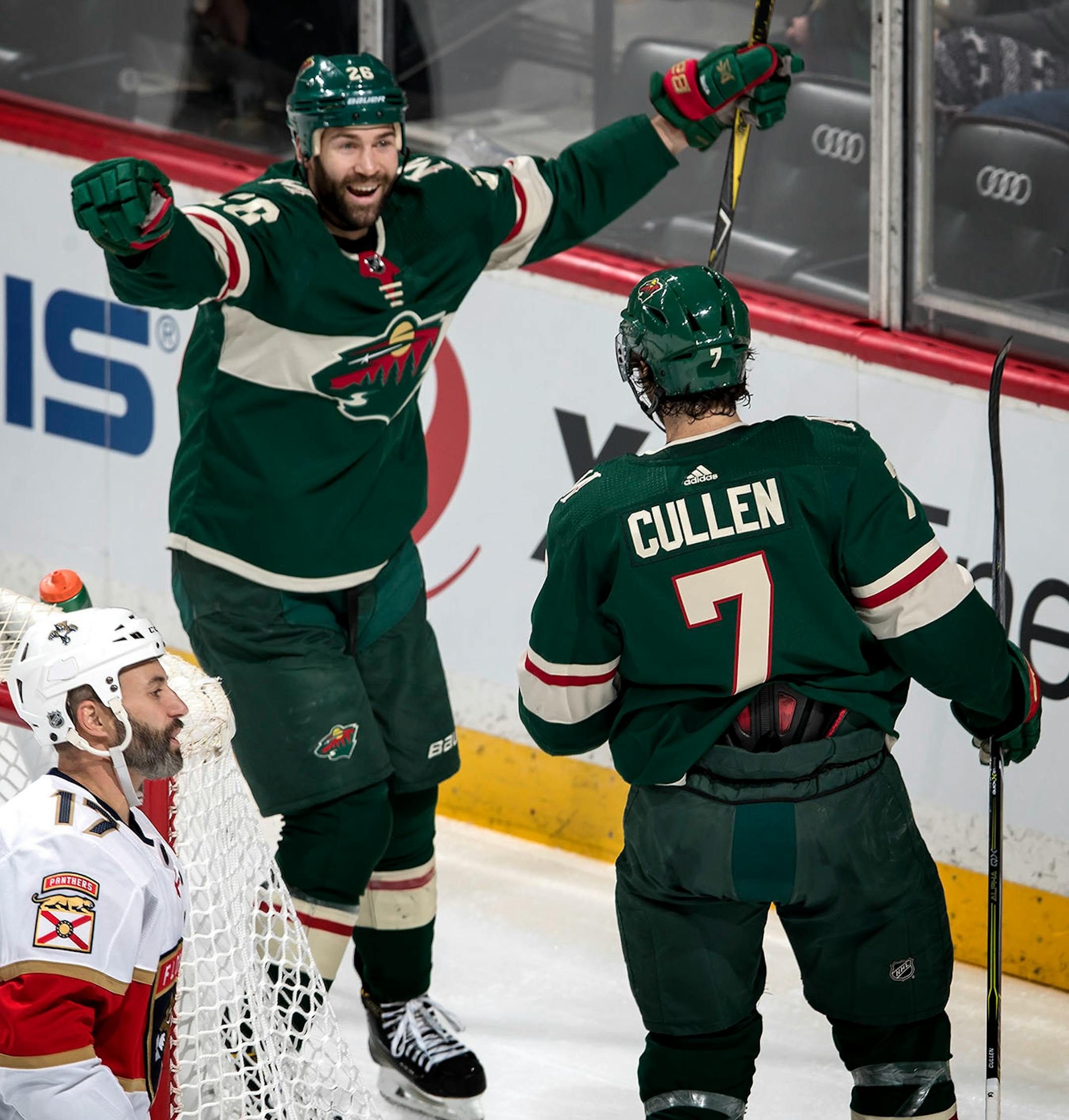 Daniel Winnik (26) and Matt Cullen (7) celebrated a goal by Cullen in the second period.