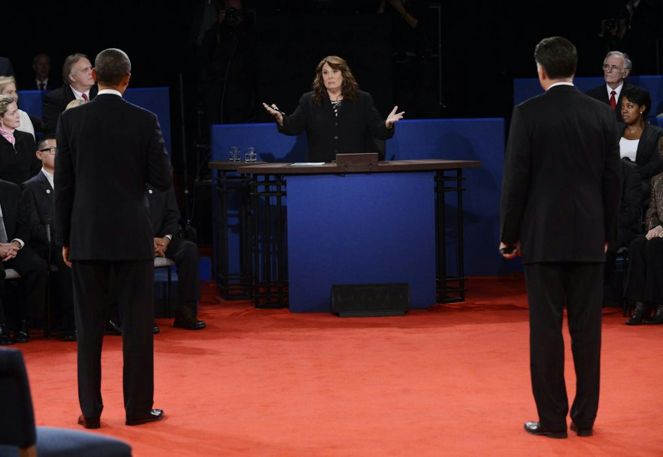 Moderator Candy Crowley, center, addresses President Barack Obama, left, and Republican presidential nominee Mitt Romney during the second presidential debate at Hofstra University, Tuesday, Oct. 16, 2012, in Hempstead, N.Y.