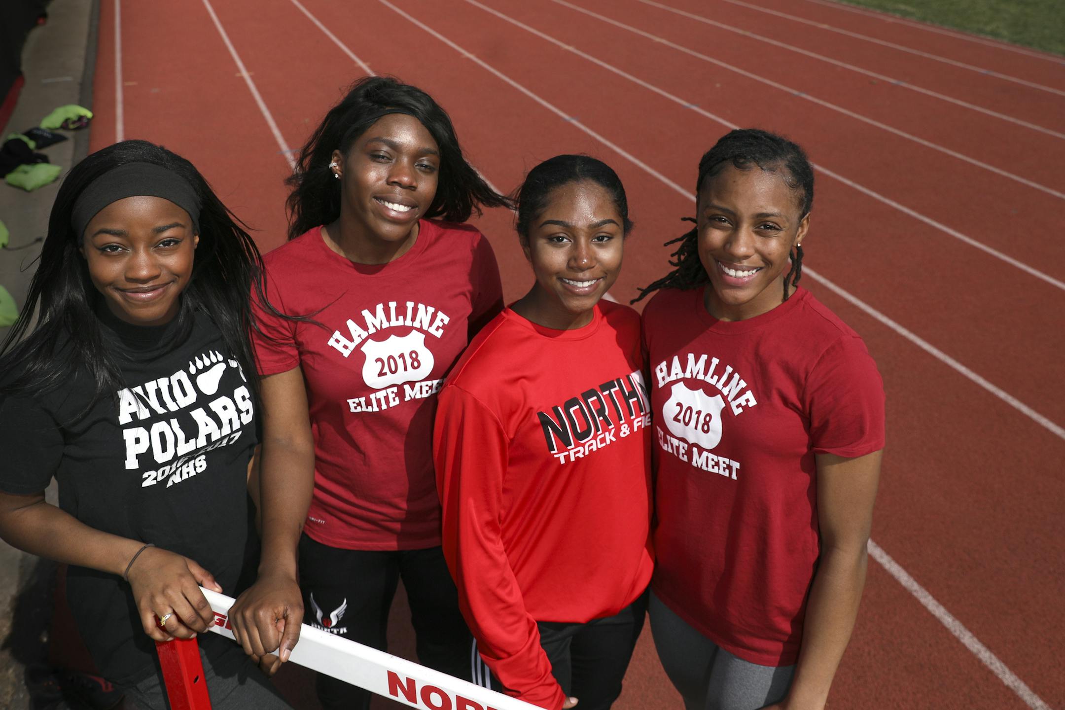 North St. Paul's Brianna Parsons (left) has a chance to join Jebeh Cooke, J'Ianna Cager and Shaliciah Jones on the Polars relay team. Cooke, Cager and Jones are members of the relay teams that won both the 4x100- and 4x200-meter relays at the state meet last spring. Their lead-off runner left to attend a different school. BRIAN PETERSON ï brian.peterson@startribune.com
N. Saint Paul, MN 04/20/18