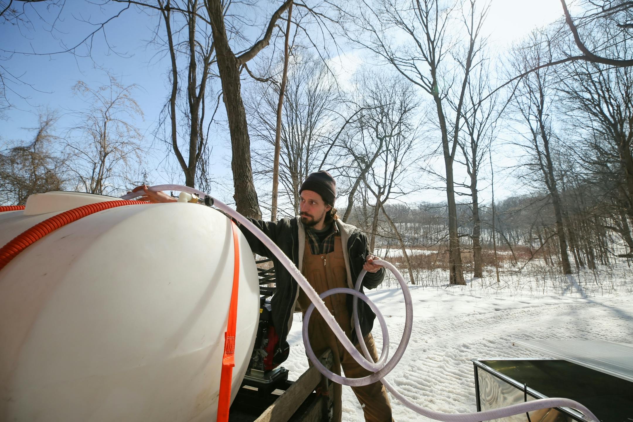 Minnesota Landscape Arboretum employee Matt Horth dropped one end of a hose into a plastic tank that held sap transferred from a metal collection tank.