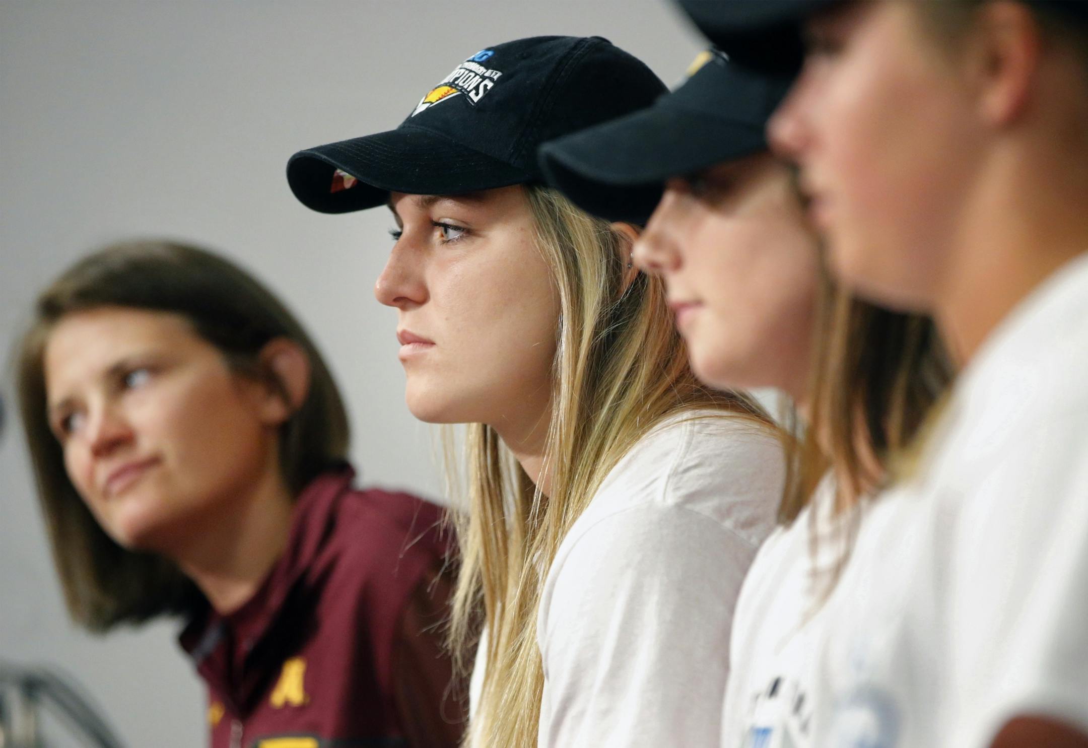 Head coach Jessica Allister, left, and Gophers players Kendyl Lindaman, Maddie Houlihan, and Sydney Dwyer said Monday they will use the team's seeding as motivation in the NCAA tournament.