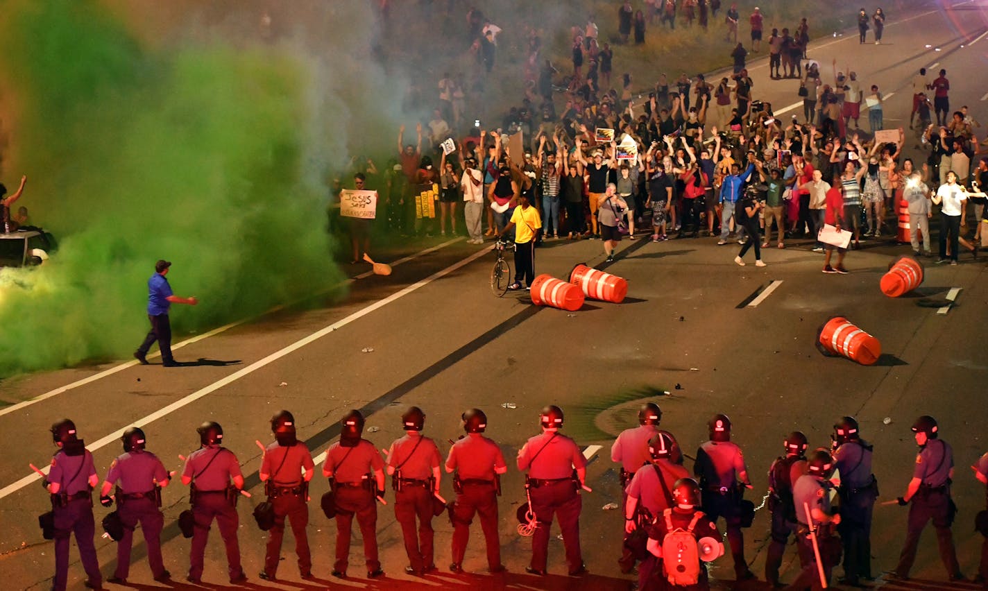 Marchers protesting the Wednesday night shooting death of Philando Castile by police have blocked part of Interstate 94 west of downtown St. Paul Saturday evening. Traffic was stacked in a thick logjam as early as 7 p.m., with the eastbound lanes mostly unmoving. About 7:30 p.m. Saturday, police and the State Patrol were diverting all traffic off eastbound I-94 at the Lexington Avenue exit, with scant traffic traveling in the opposite direction on westbound I-94. Marchers were refusing police or