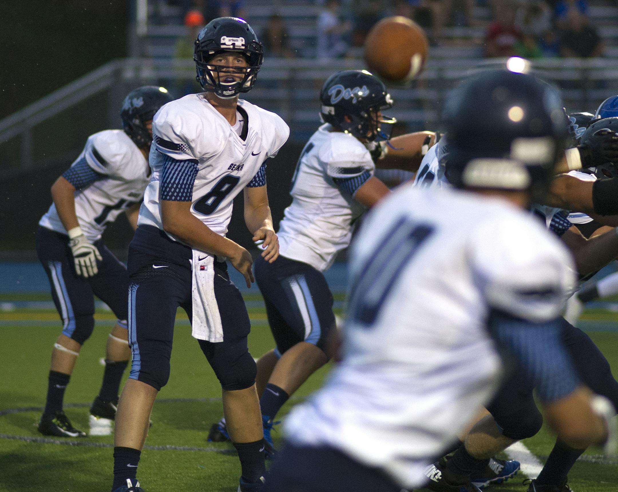 Becker quarterback Michael Veldman completes a pass to Sam Grebin. ] (Matthew Hintz, 083014, Minnetonka)