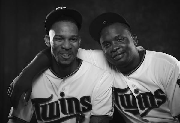 Twins outfielder Byron Buxton, left, and third baseman Miguel Sano in a portrait on media day at training camp in Fort Myers. ] JEFF WHEELER &#xef; je