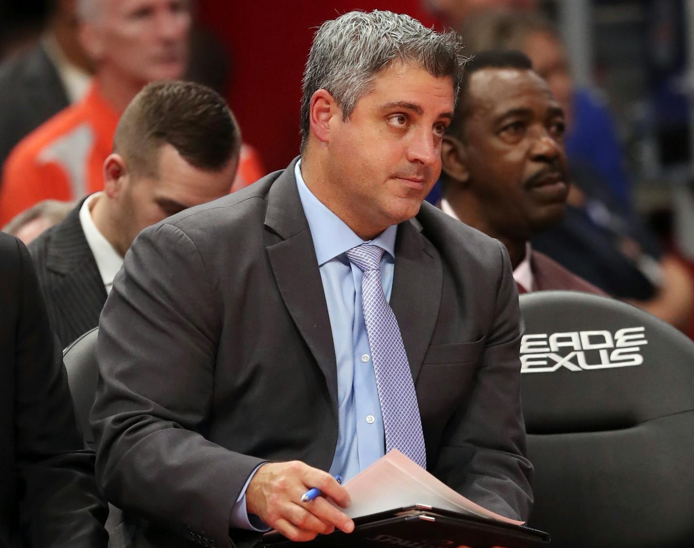 Detroit Pistons assistant coach Micah Nori on the bench during the second half of an NBA preseason basketball game, Wednesday, Oct. 10, 2018, in Detroit. (AP Photo/Carlos Osorio)