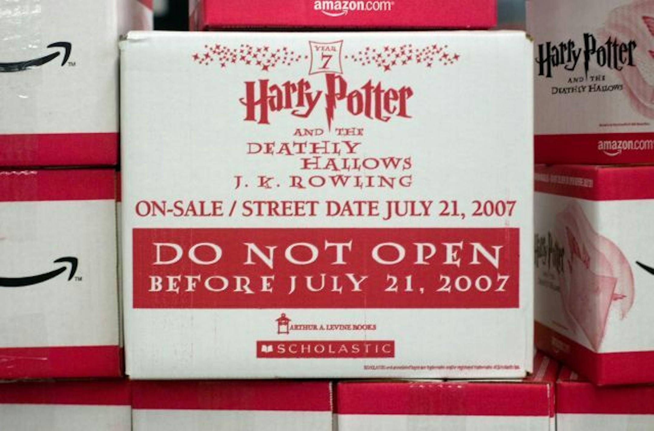 Copies of J.K. Rowling's latest book, "Harry Potter and the Deathly Hallows," sit stacked on pallets inside the Amazon.com fulfillment center in Fernley, Nev., in this 2007 file photo.
