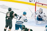 Wild winger Kirill Kaprizov scores his third goal of the game and what proved to be the winning goal Sunday in the third period vs. the Sharks. Simila