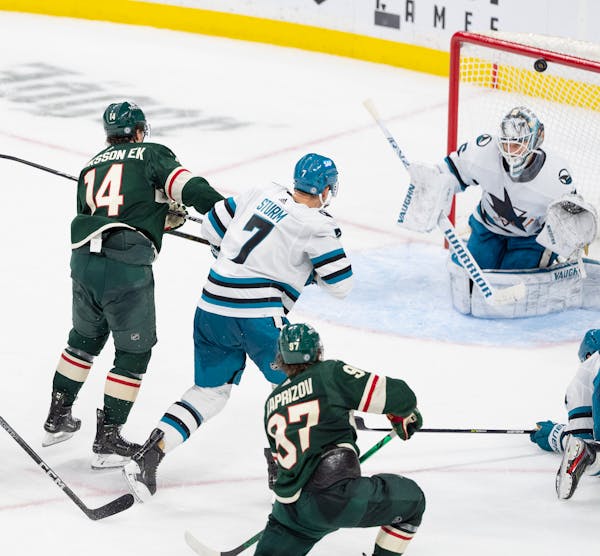 Wild winger Kirill Kaprizov scores his third goal of the game and what proved to be the winning goal Sunday in the third period vs. the Sharks. Simila