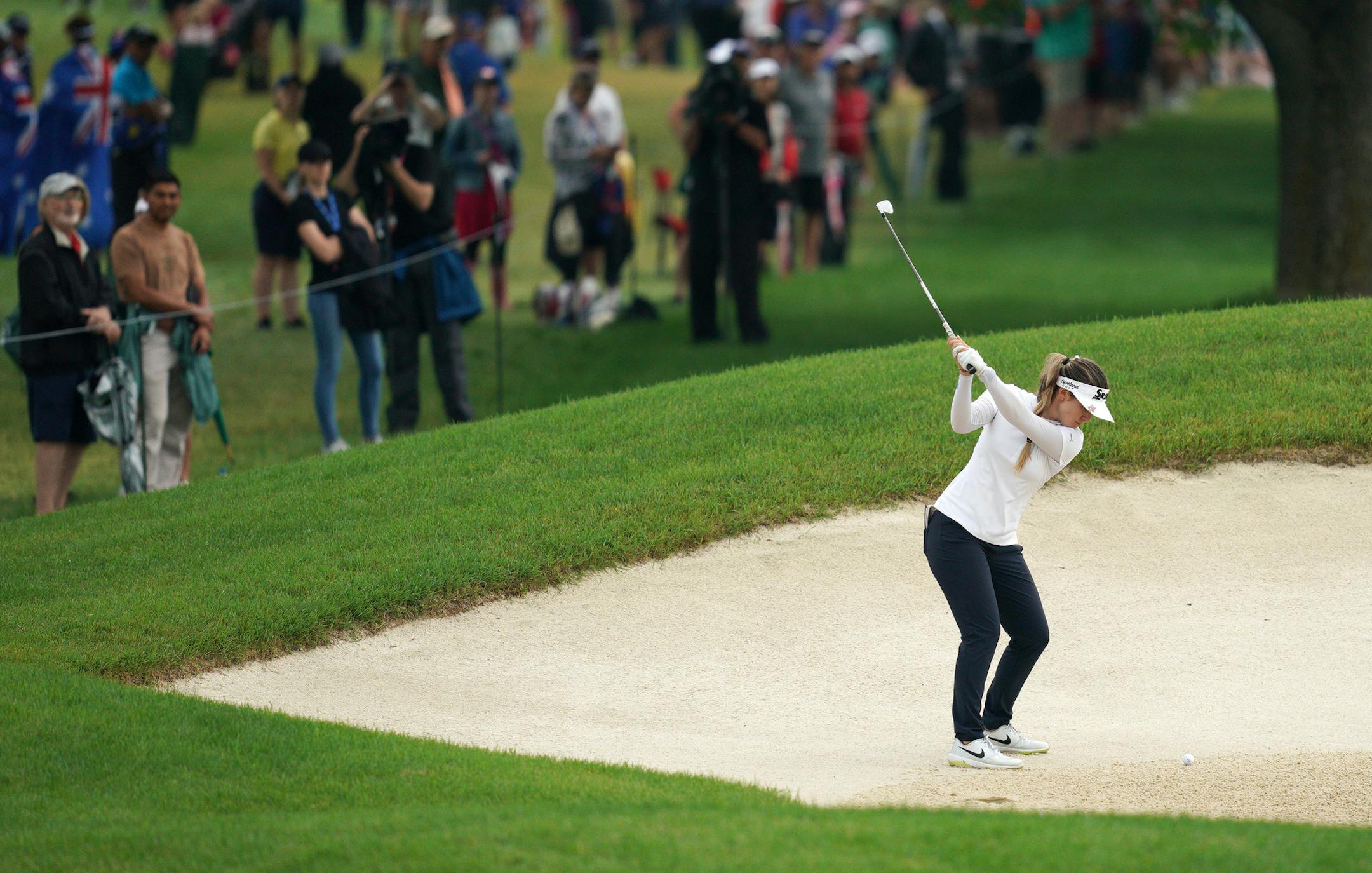 Hannah Green teed hit from a sand trap on the first hole Sunday. ] ANTHONY SOUFFLE • anthony.souffle@startribune.com Golfers took part in the final day of competition play during the KPMG Women's PGA Championship Tournament Sunday, June 23, 2019 at Hazeltine National Golf Club in Chaska, Minn.