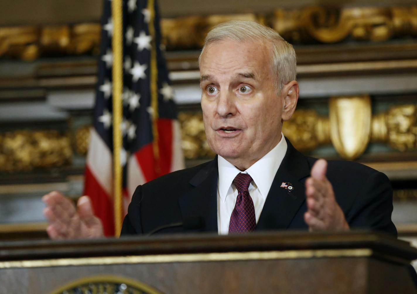 Minnesota Gov. Mark Dayton addresses the media where he discussed pending bills as the 2017 Legislature continues its duties at the State Capitol Friday, April 7, 2017, in St. Paul, Minn. (AP Photo/Jim Mone)