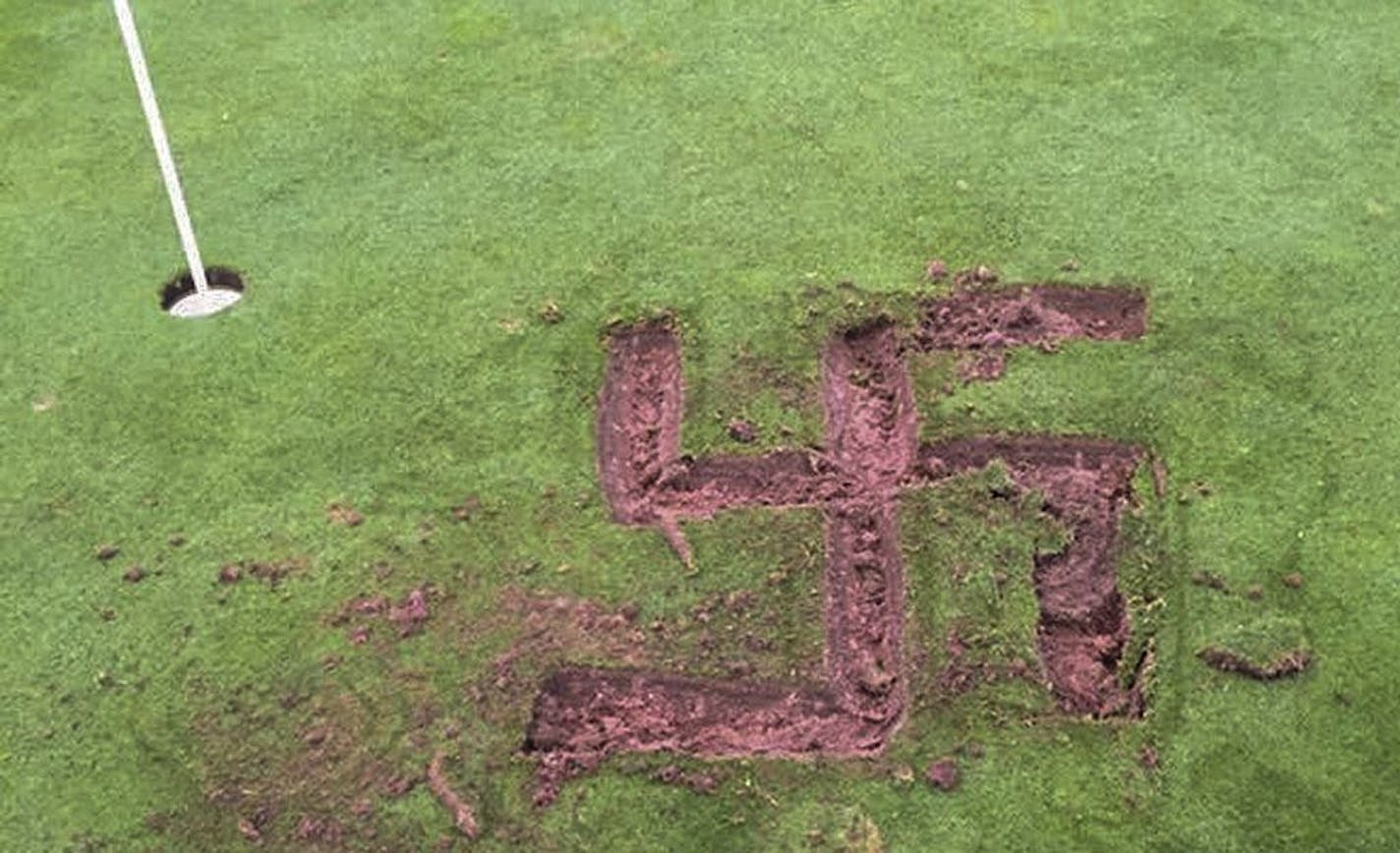 Swastika carved into green at Lakeville golf course. Mowers at the Crystal Lake public golf course found an unwelcome symbol on one of their greens earlier this week. Photo from Golf.com