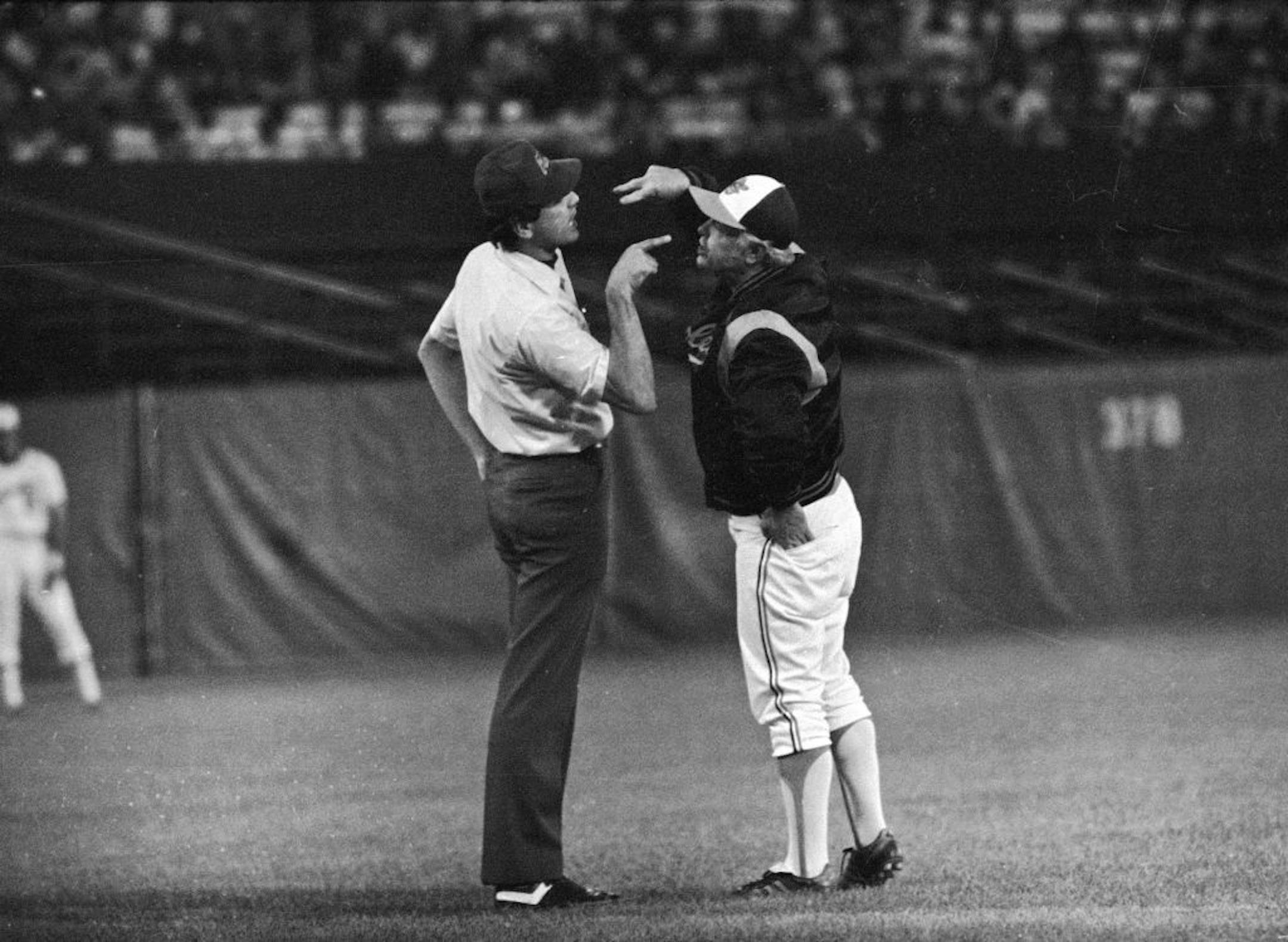 In this Aug. 16, 1979 file photo, Baltimore Orioles manager Earl Weaver argues with third base umpire Steve Palermo.