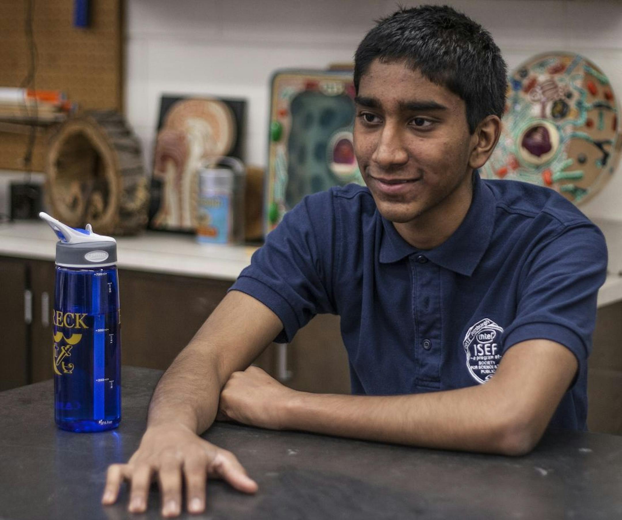 Caleb Kumar spoke with a reporter in his science advisor's classroom Wednesday at the Breck School