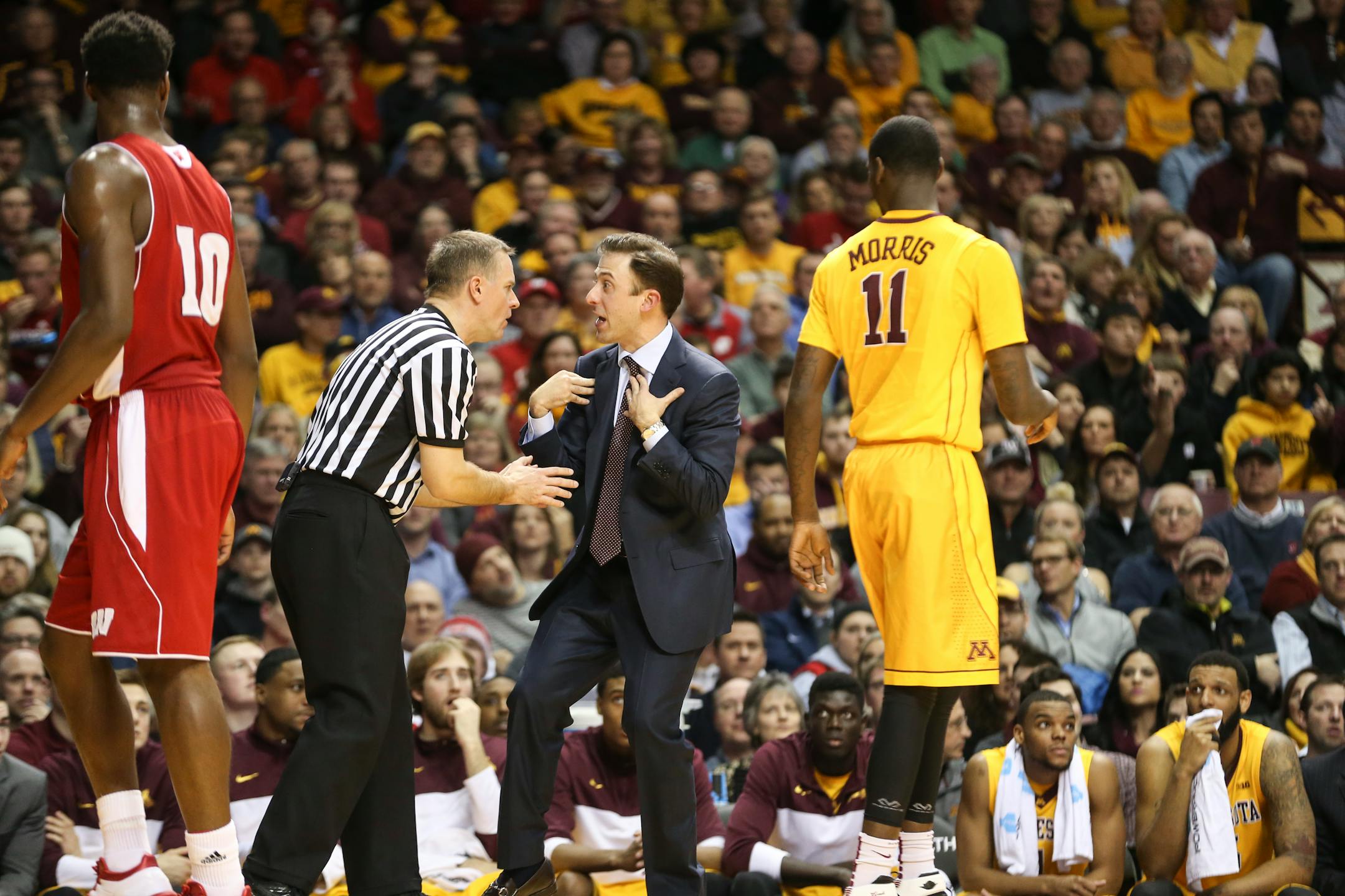 Minnesota Gophers coach Richard Pitino argued over a call with an official during a game against the Wisconsin Badgers on Thursday, March 5, 2015.